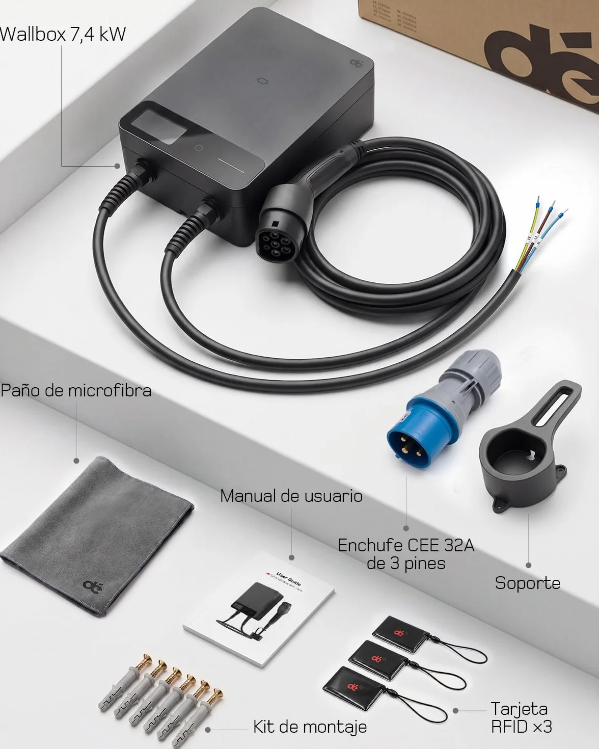 dé Wallbox 7,4 kW Monofásico con App, Cable Tipo 2 de 7,5 m, RFID, Cargador Coche Eléctrico 7,4 kW 6–32 A 230 V, con RCD Tipo A 30 mA CA + 6 mA CC, IP54, para Model Y/3 y Otros BEV/PHEV, Negro