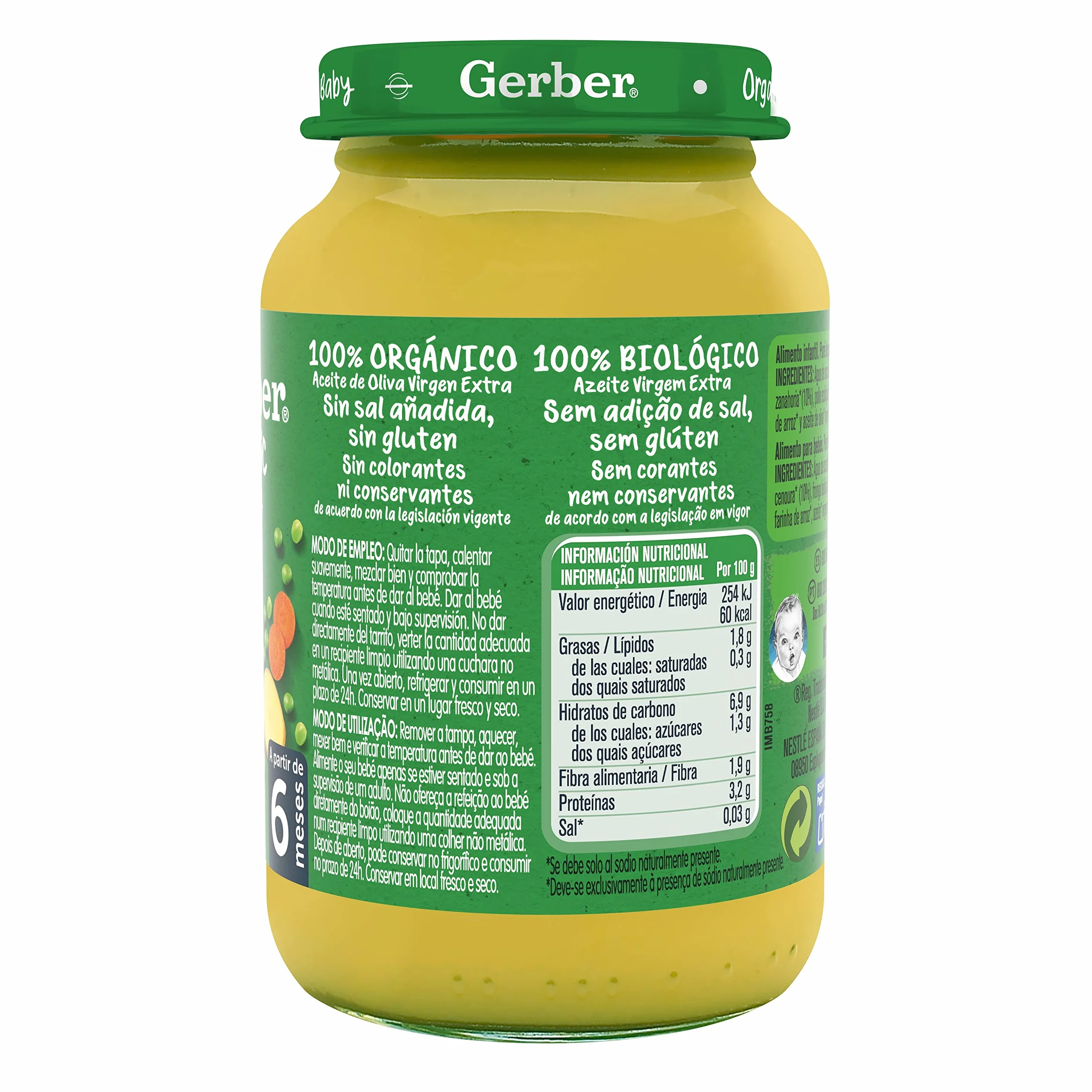 GERBER Organic Guisantes Patata Pollo 6x190g a partir de 6 meses