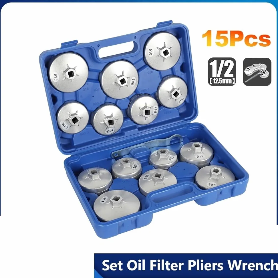 Juego De 15 Piezas Llaves Vaso Para Filtros Aceite Y Tapones Coche, Kit Herramientas Para Extraer Entrada 1/2" (12,5 Mm) Filtro de Aceite para Coche