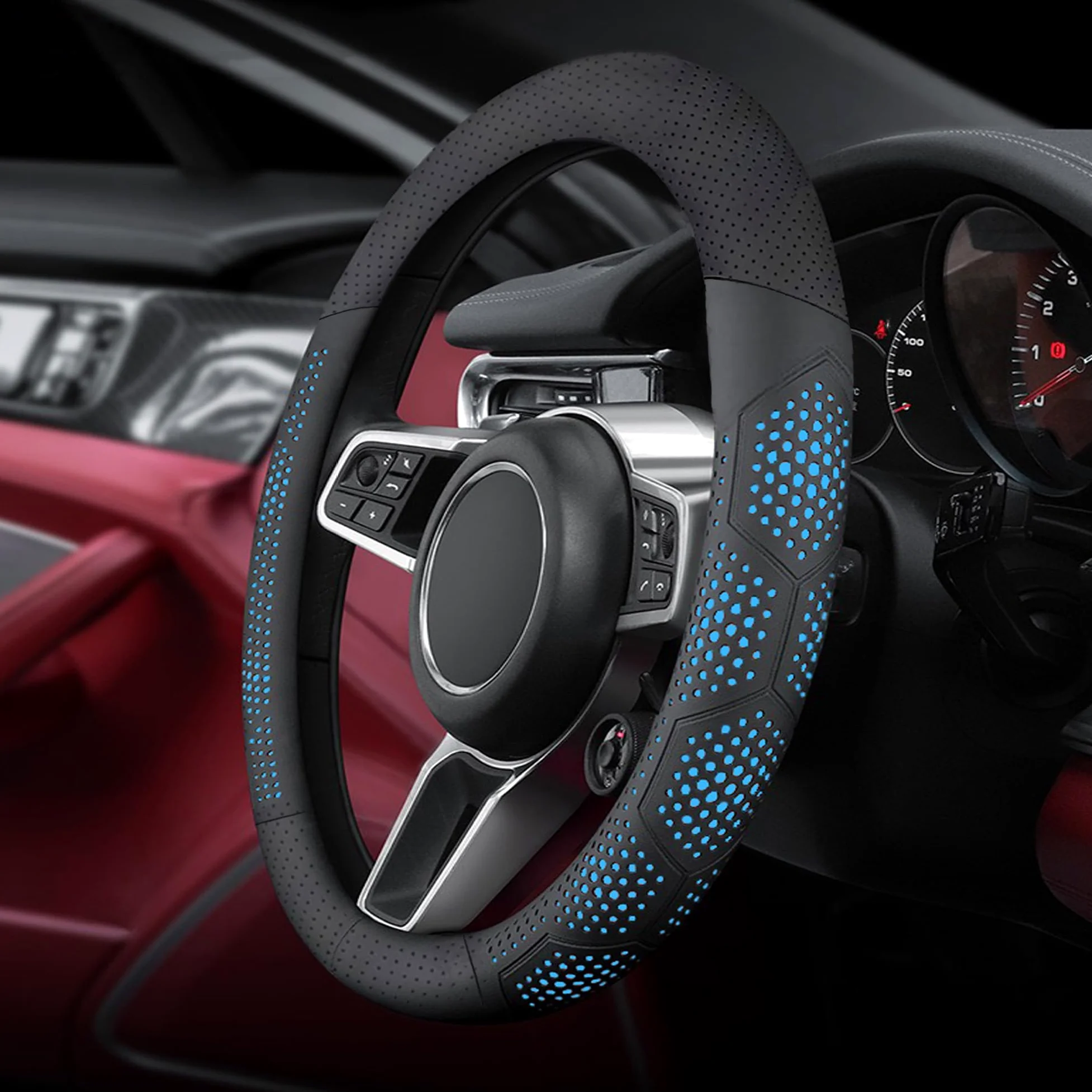 Yangday Funda de cuero para volante para Jeep Wrangler Grand Cherokee | Funda para volante de coche de 14.5 a 15 pulgadas con antideslizante y transpirable (azul)