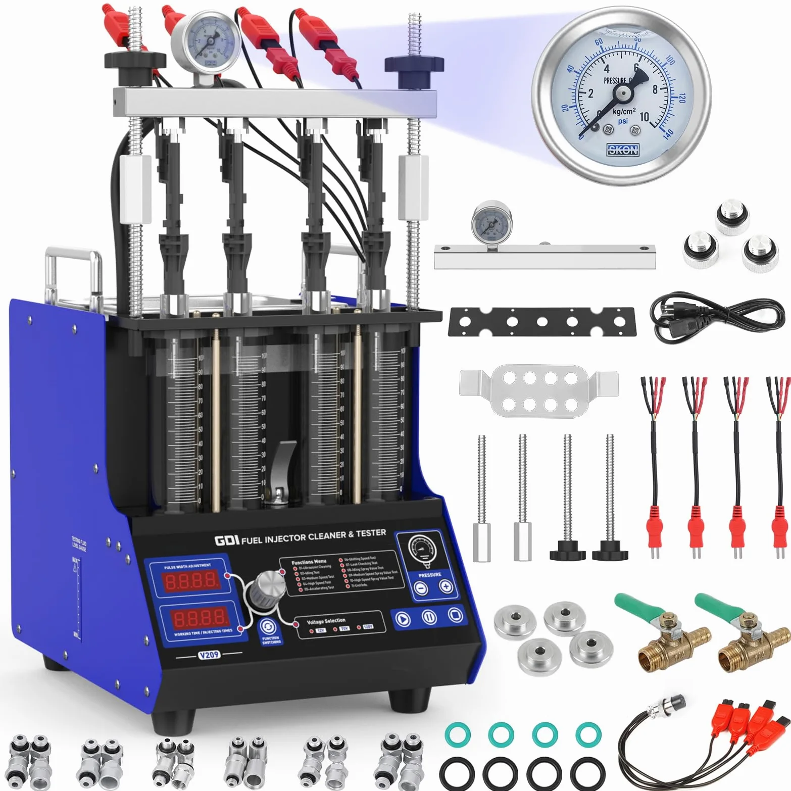 PLAYOCCAR Máquina limpiadora de inyector de Combustible, 220V Limpiador y probador de inyector de Combustible 2 en 1, Limpiador de inyector de Combustible ultrasónico con 9 Funciones de Prueba (V209)