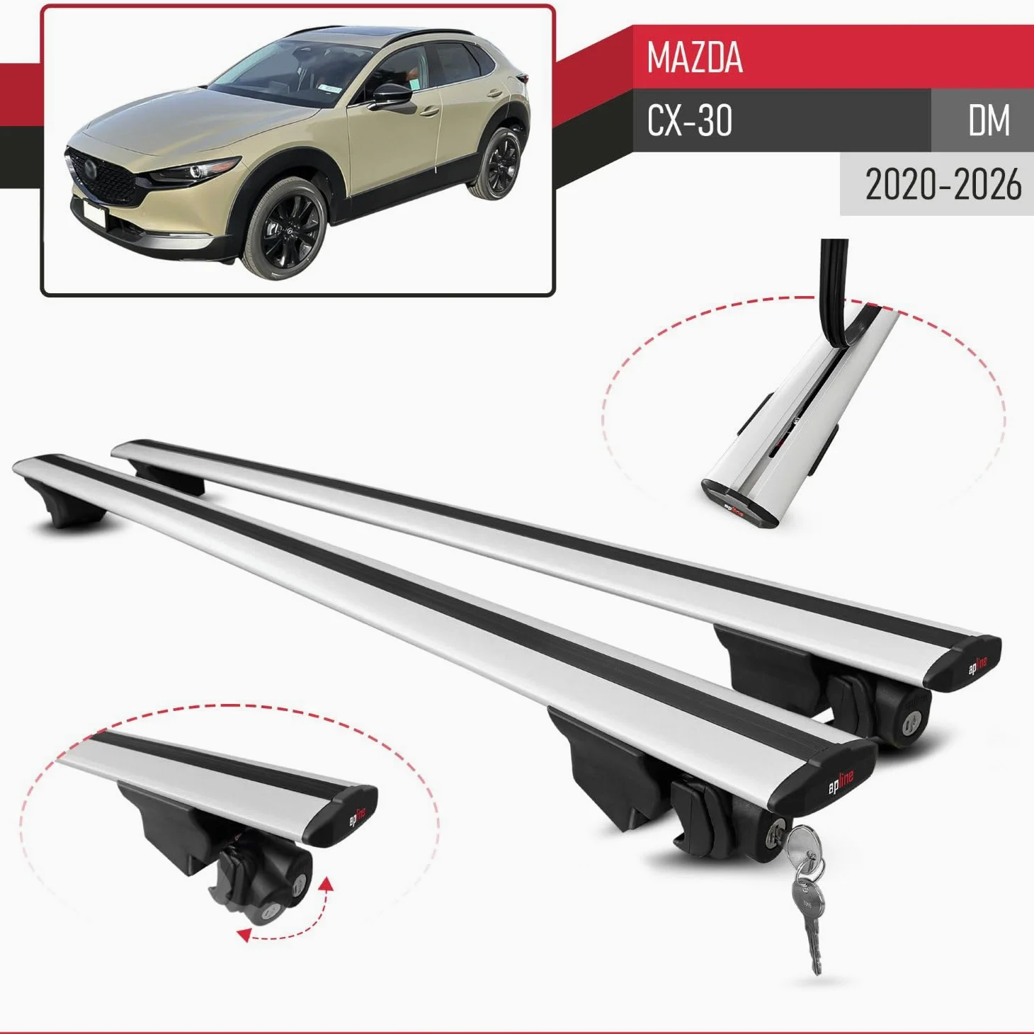 Compatible con Mazda CX-30 (DM) 2020-2026 Modelo Hook Barra de Techo Auto Portaequipajes Barras Transversales Gris Aluminio 2 Barras