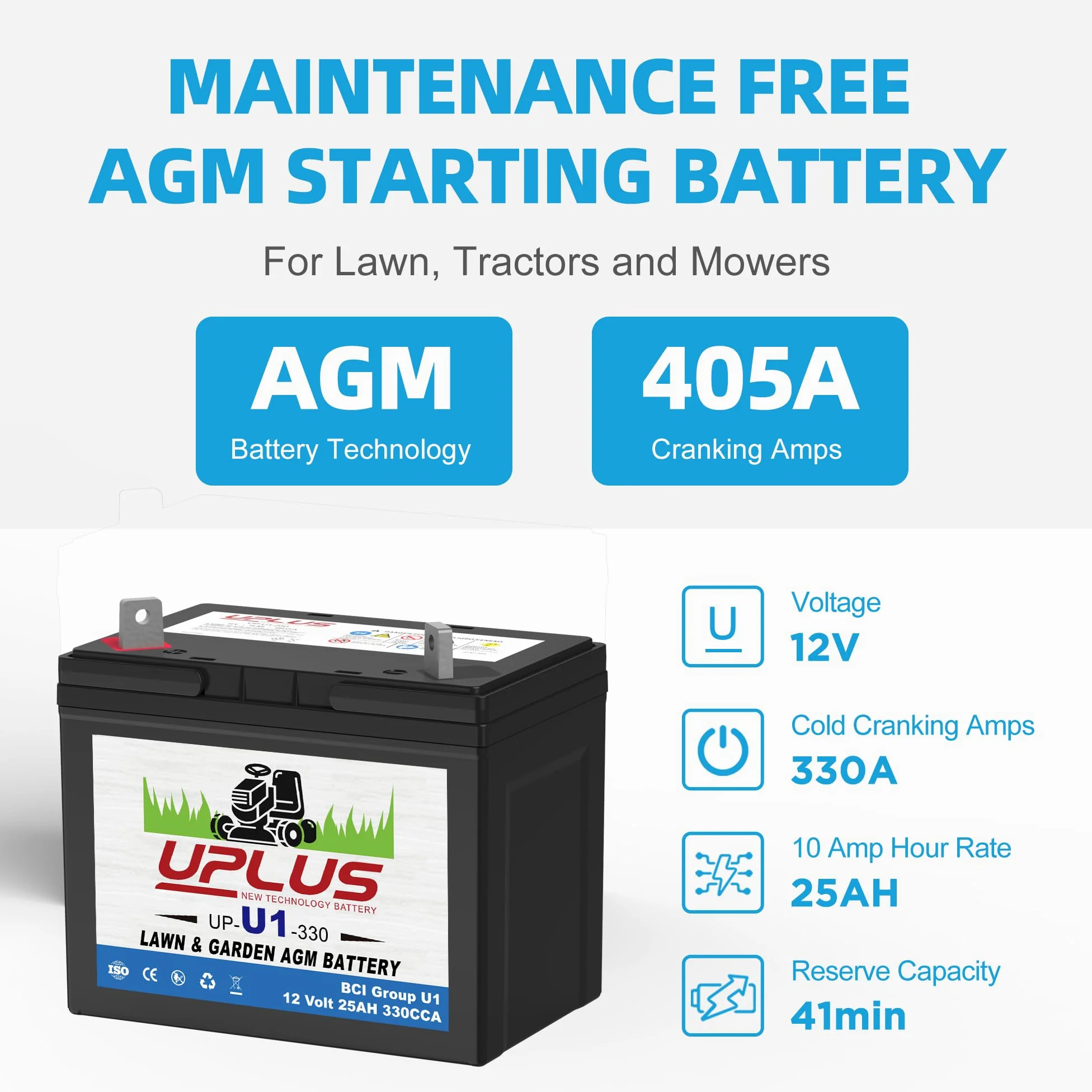 UPLUS U1 - Batería para cortacésped, 12 V, 330 CCA para tractores de jardín | Baterías AGM sin mantenimiento, aptas para John Deere, Cub Cadet, Husqvarna, Craftsman, Toro, Ariens, Poulan Pro y Troy-Bilt