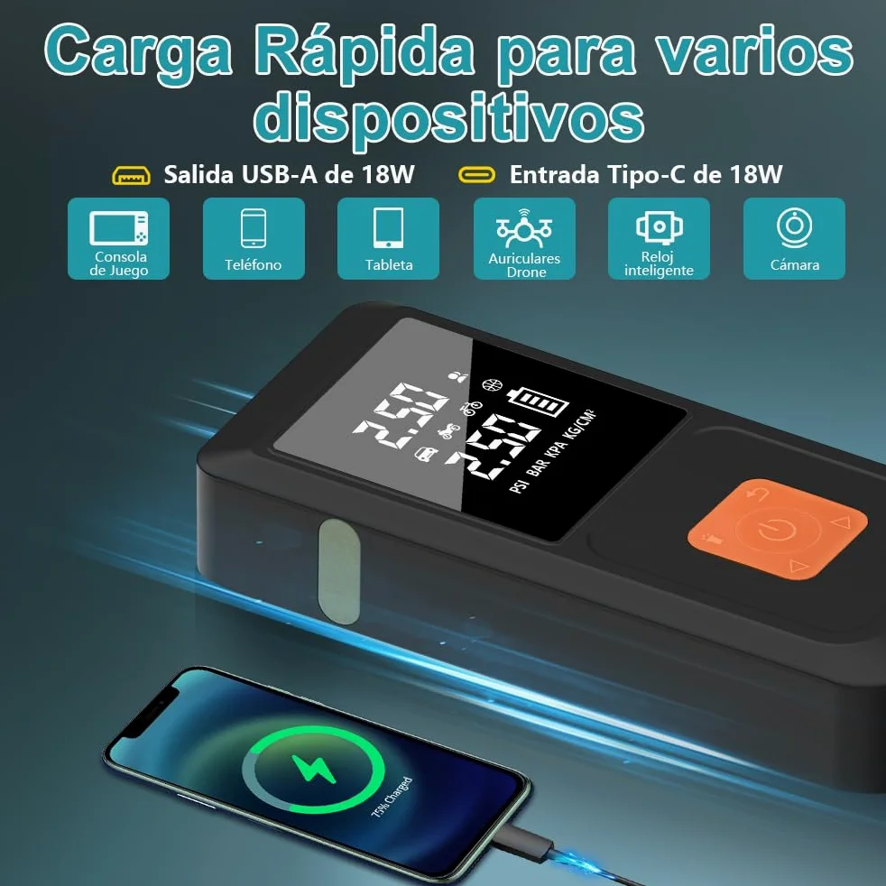 Arrancador de Batería 12V para Coche (Gasolina/Diésel) con Compresor de Aire Portátil y Power Bank 3 en 1, Inflador Eléctrico 10000mAh con Pantalla LCD y Arranque de Emergencia, Carga Rápida