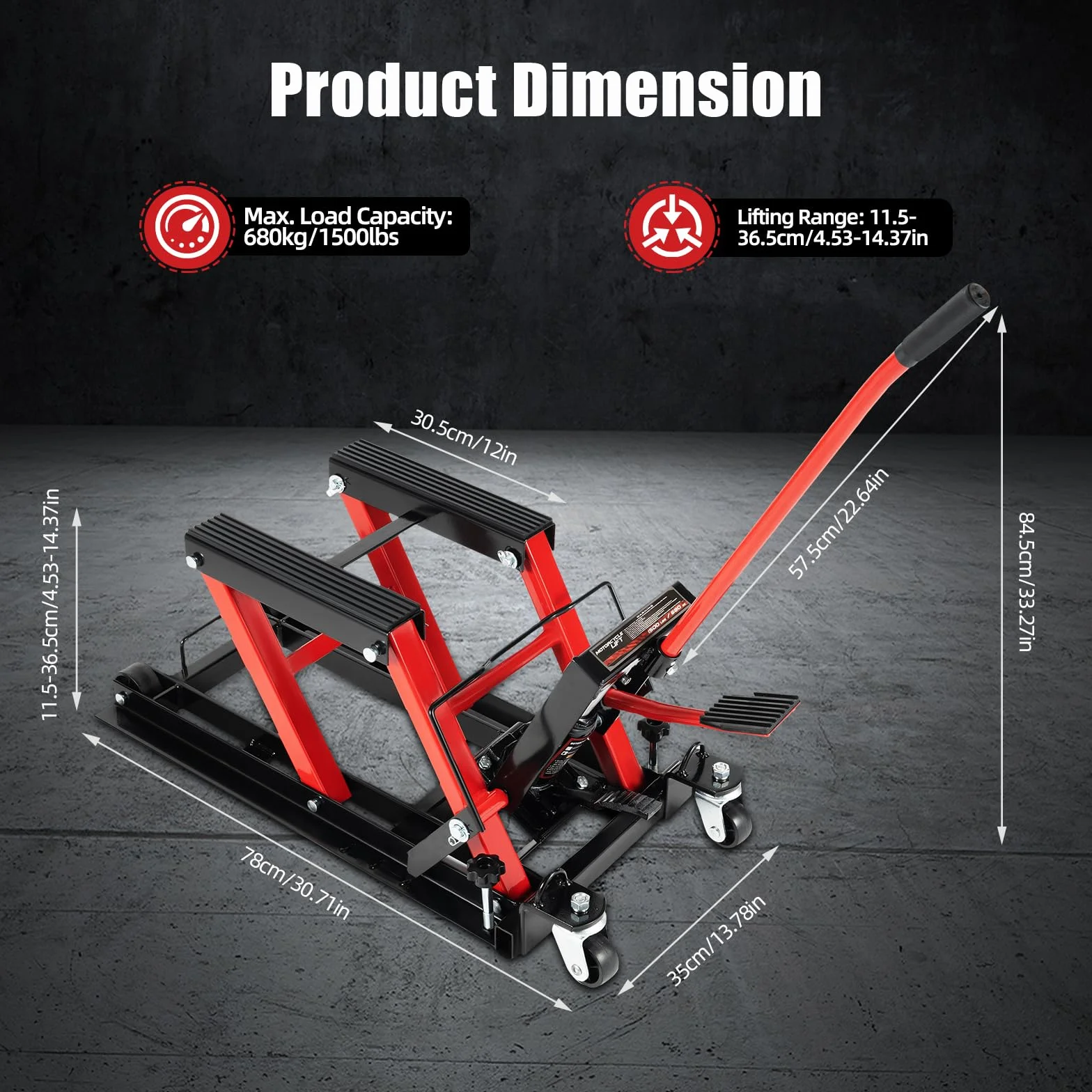 Plataforma elevadora de motocicleta, 680 kg, elevador hidráulico para motocicleta, 115-375 mm, rango de elevación para motocicleta, caballete de montaje plegable (rojo)
