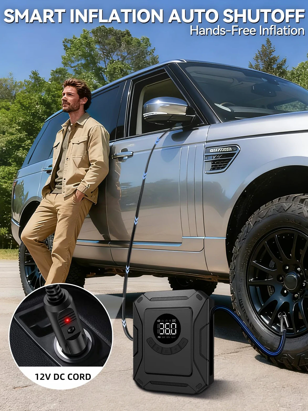 Compresor de aire portátil de inflado rápido, bomba de aire eléctrica de 150 PSI con apagado automático y visualización LED, bomba de aire de 12 V CC para coche, bicicleta, motocicleta