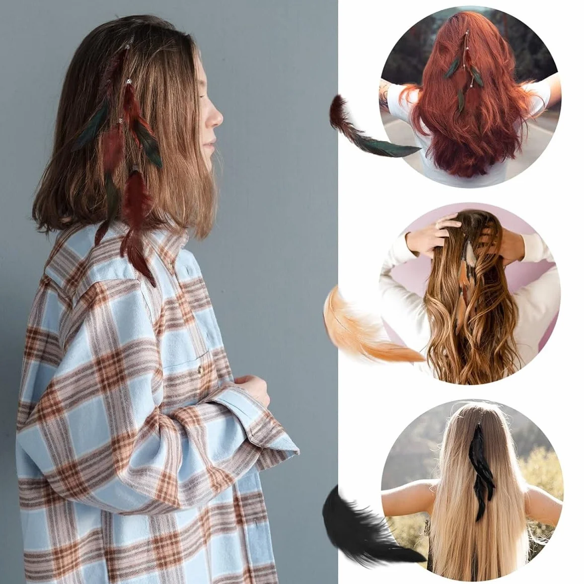 Boho Hippie Clips Cabello Plumas, 6PCS Mujer Pluma Extensiones, Accesorios Festival Halloween