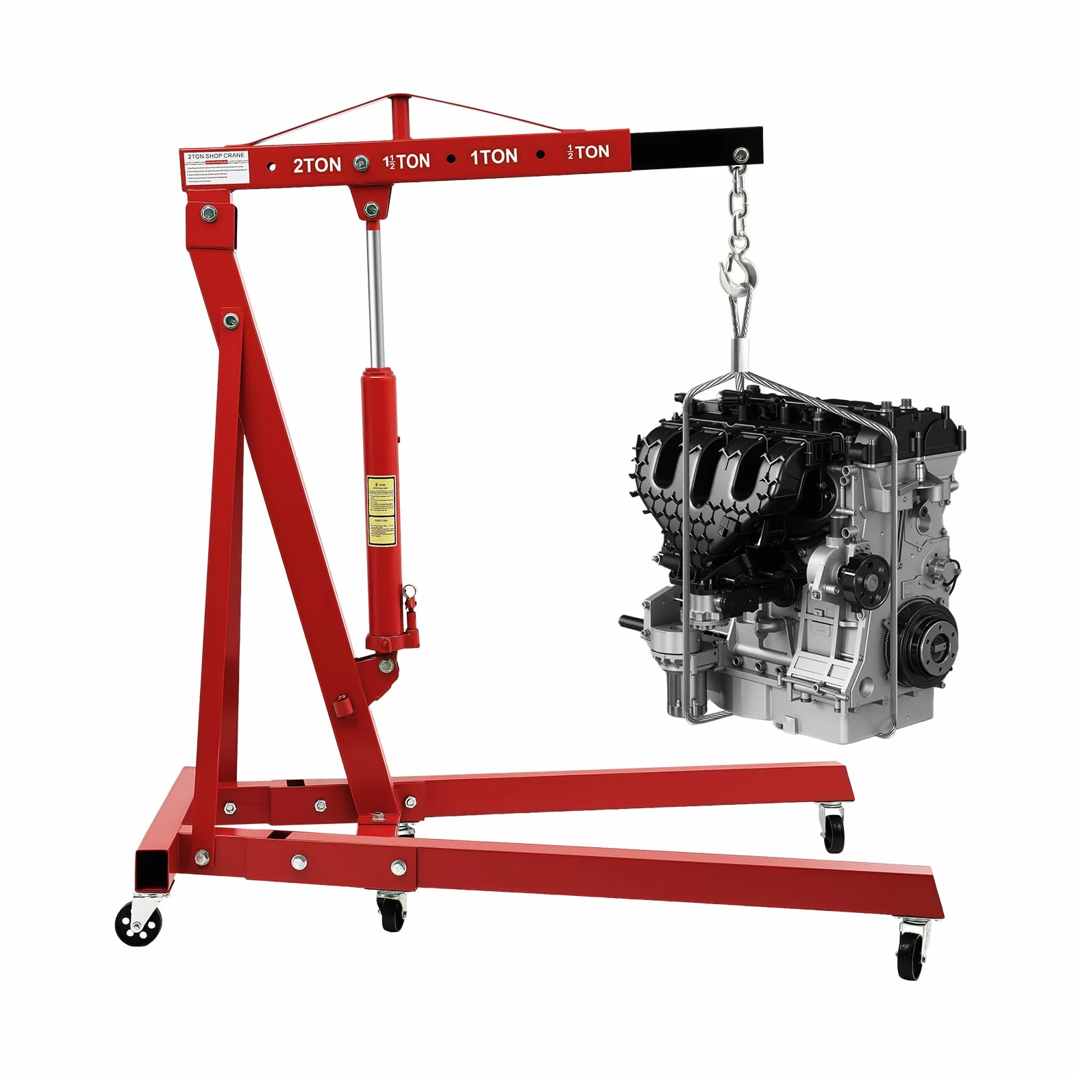 Grúa de motor plegable, 2T 2000 kg, elevador de motor, altura 2,1 m, grúa de taller con cilindro hidráulico 8T, 4 posiciones, 6 ruedas, acero al carbono, distancia del gancho al suelo de 148 cm, para