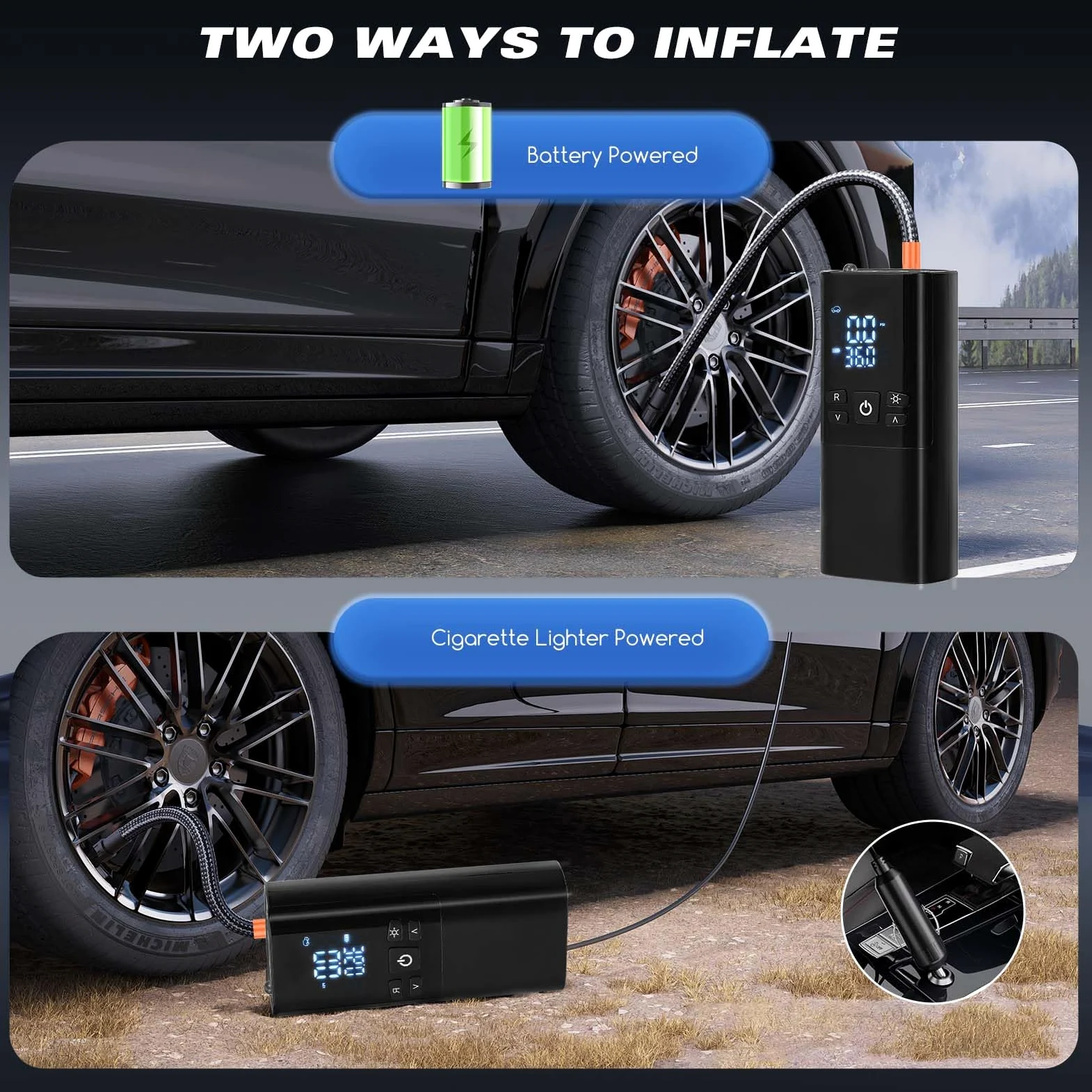 Compresor de aire portátil para neumáticos de coche, inflador de neumáticos inalámbrico de 150 PSI con apagado automático y luz LED, bomba de aire recargable de 10000 mAh para bicicleta, motocicleta