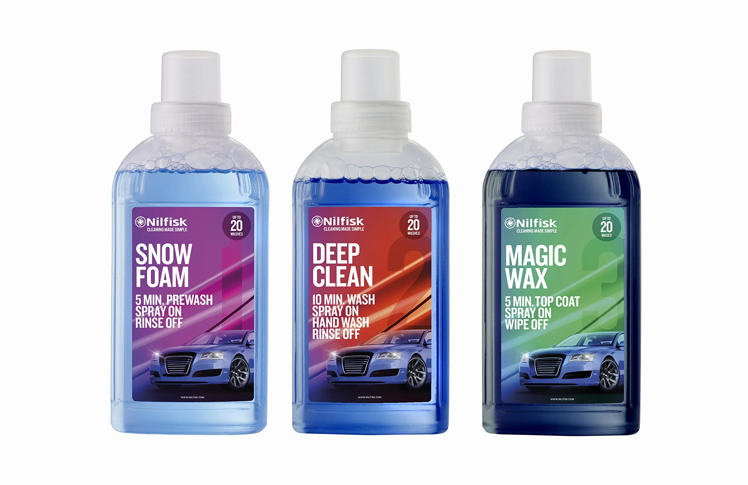 Nilfisk Kit de Limpieza de Coches - Prelavado Snow Foam + Limpiador Deep Clean + Cera Magic Wax - Detergente para Hidrolimpiadoras (500 ml c/u)