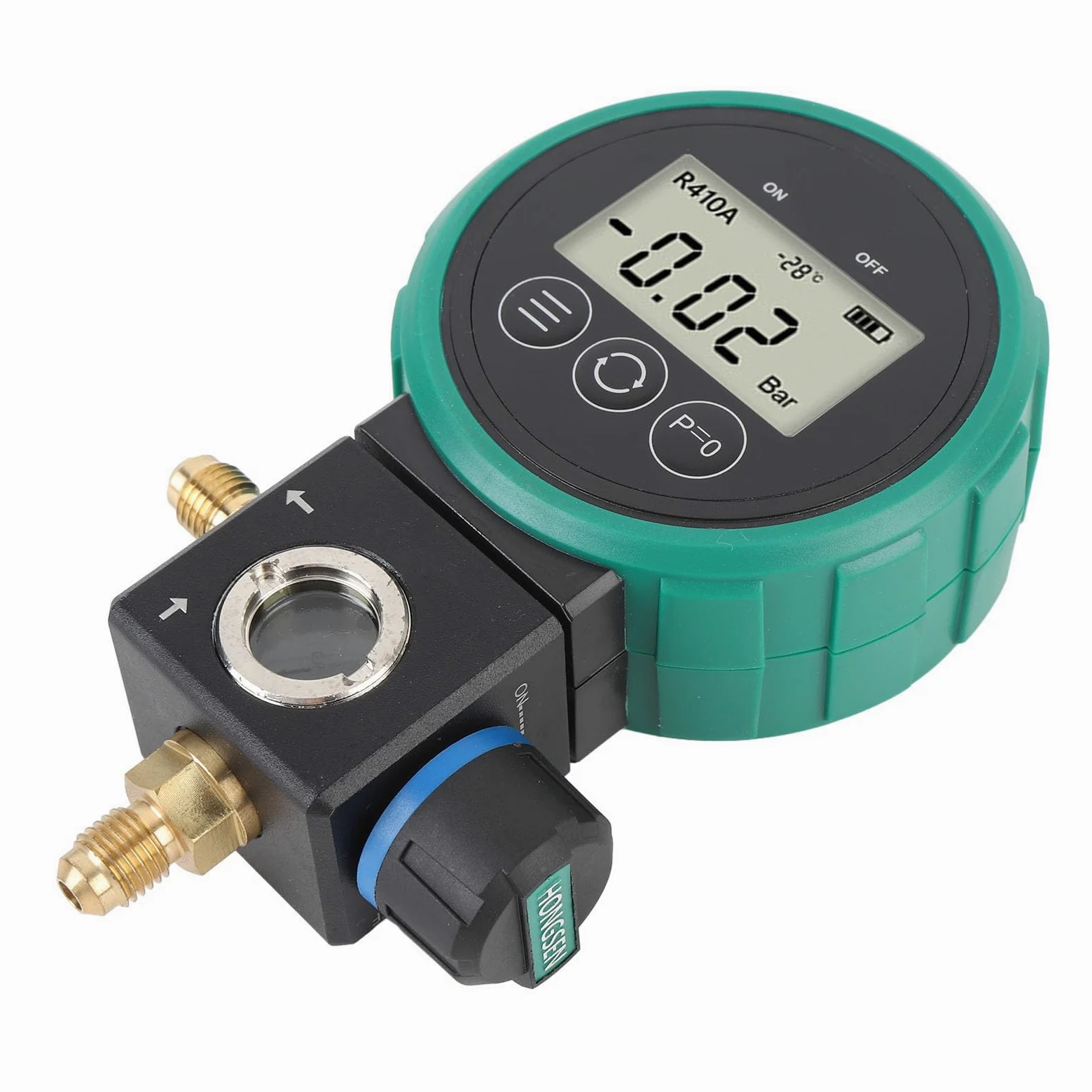 Greensen Manómetro de Presión de Refrigerante Juego de Manómetro de Colector de CA Digital de 0 a 5 MPa con Válvula de Bola 4 Unidades de Presión 9 Refrigerantes para Aire Acondicionado Recarga