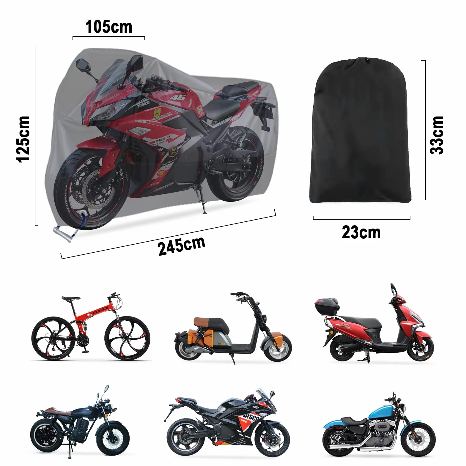 Carehabi Funda Moto Impermeable Funda para Moto XXL Exterior Impermeable para Cubre Scooter Motocicleta Calle/Scambler/Trail/Cross/Enduro - 245 x 105 x 125 cm Negro