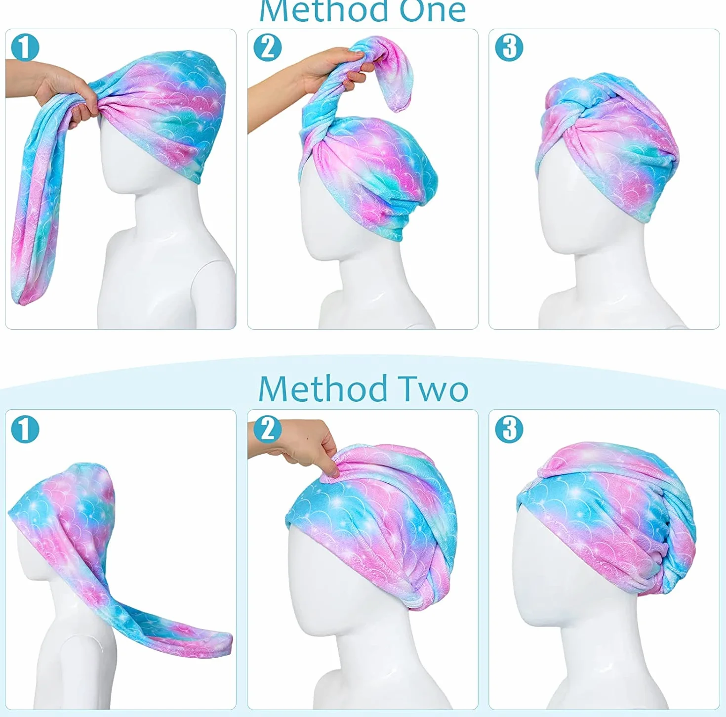 Toallas Envolventes de Microfibra para el Cabello, Paquete de 2, Secado Rápido, Elástica con Botón, Súper Absorbente