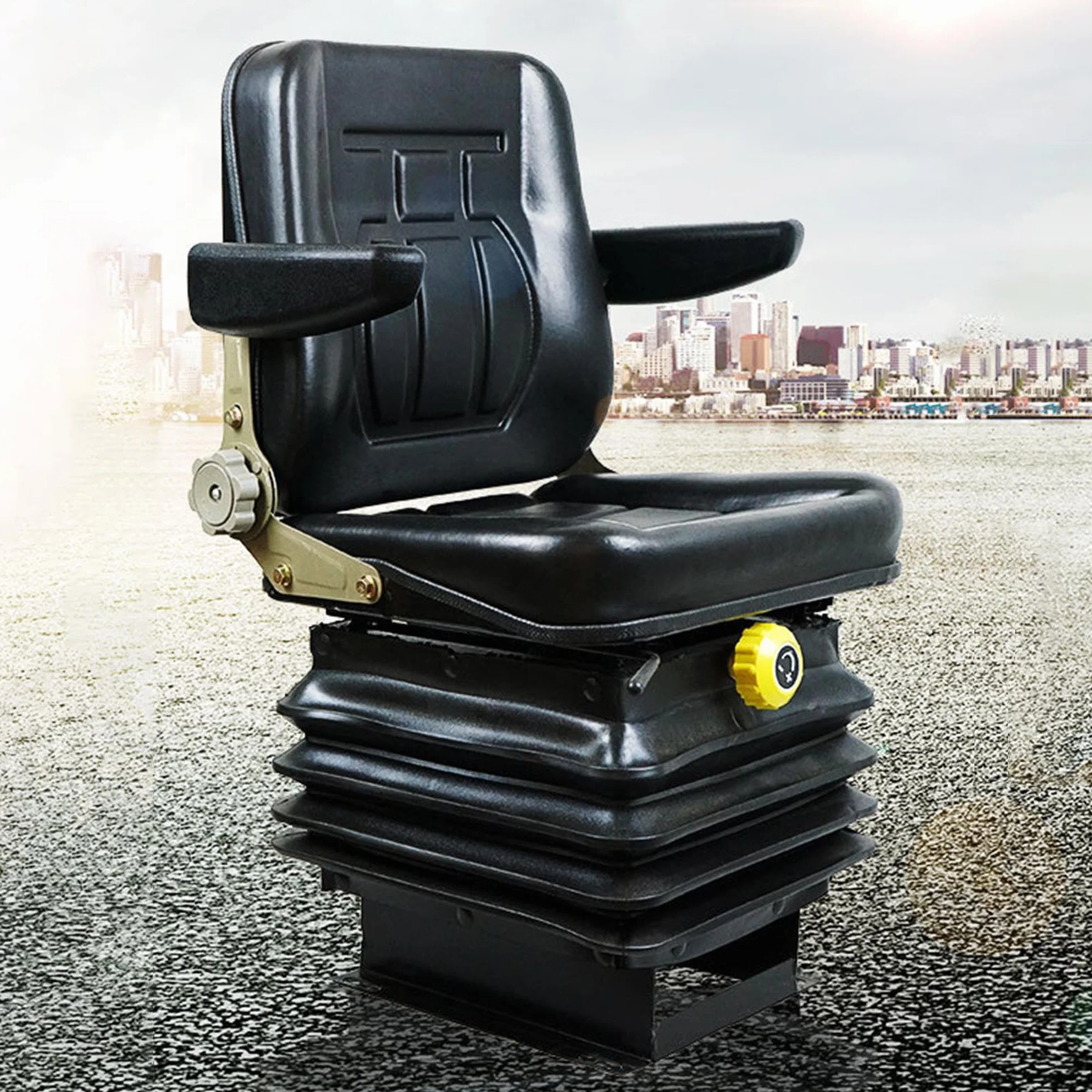 IPSU Asiento Universal para Carretilla Elevadora, Asiento De Tractor con Absorción De Impactos De 3 Niveles, Asiento De Excavadora De Cuero Plegable con Respaldo y Reposabrazos Ajustables