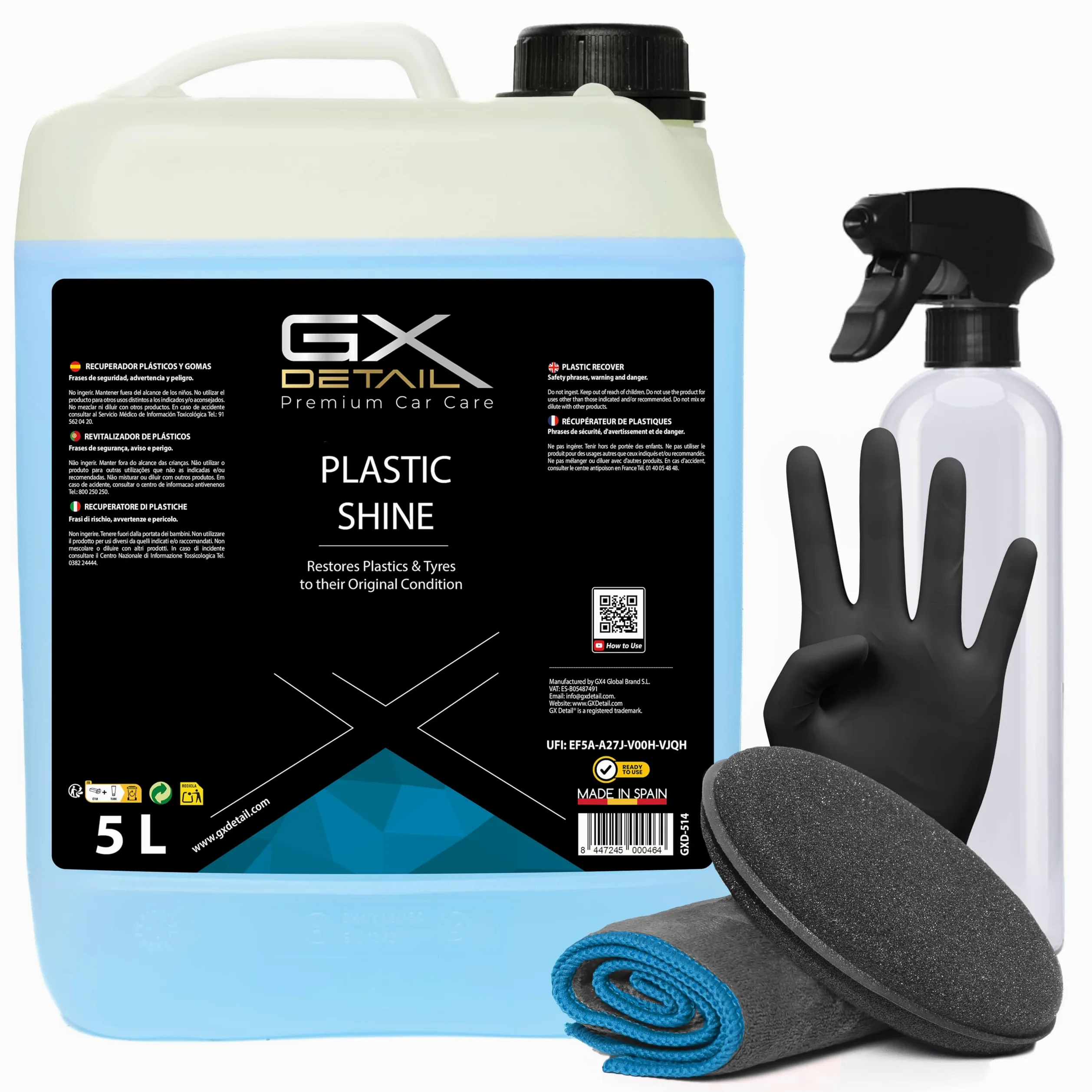 GxDetail Recuperador de Plásticos y Abrillantador Hidratador de Plástico y Neumáticos Coche y Moto 5 Litros – Recuperador de Gomas Viejas, Interior, Exterior, Ruedas.