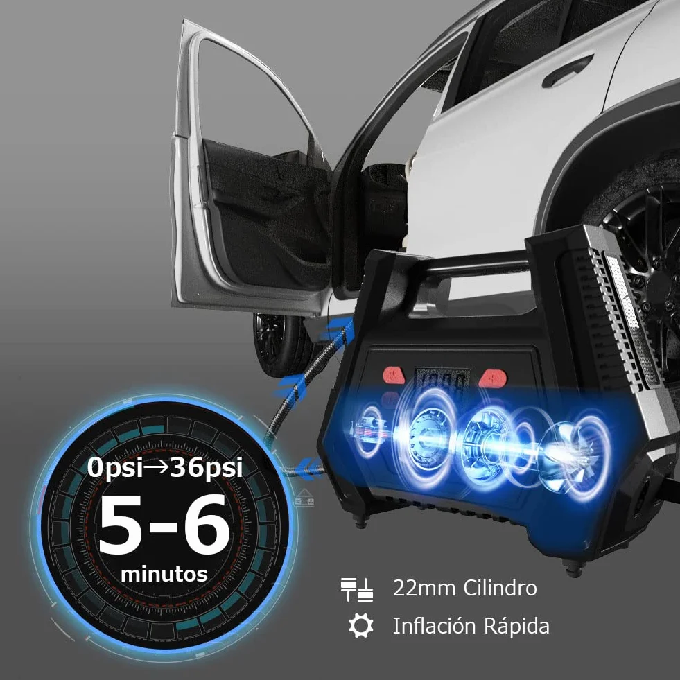 Oasser Inflador Ruedas Coche DC 12V y AC 220V Compresor Aire portatil con Pantalla LCD Luz LED Cable de 3M 150PSI para Coches, Motos y Bicicletas