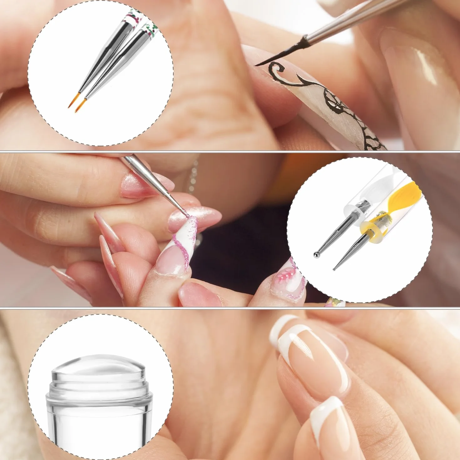 QWORK Juego de sellos para uñas con raspador, 3 pinceles, 5 rotuladores de doble cara