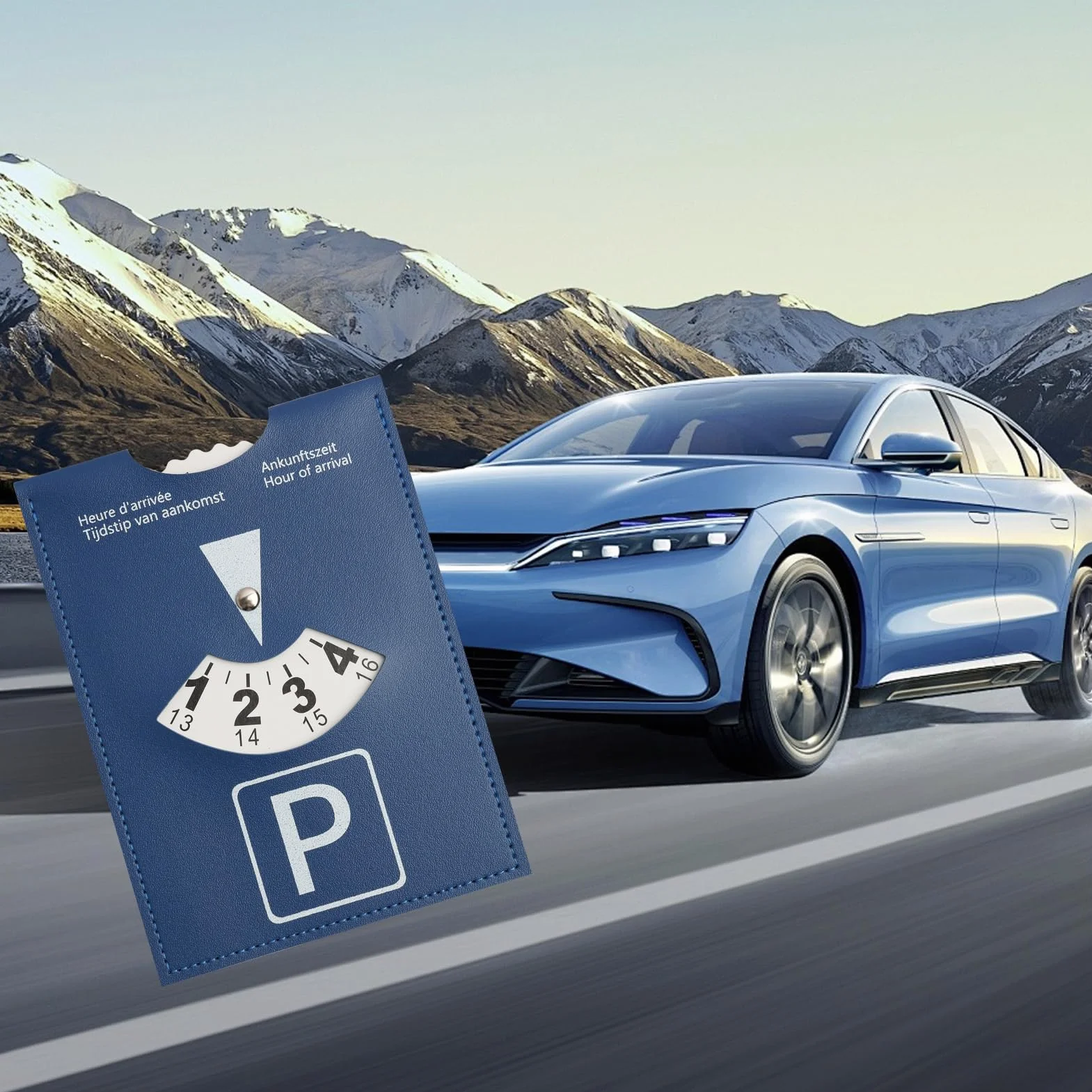 Disco Horario de Lujo Grande para Estacionamiento, Modelo Europeo Multilingüe, en Cuero Sintético Suave al Tacto, 11x15cm, para Coche, Moto y Autocaravana，Azul