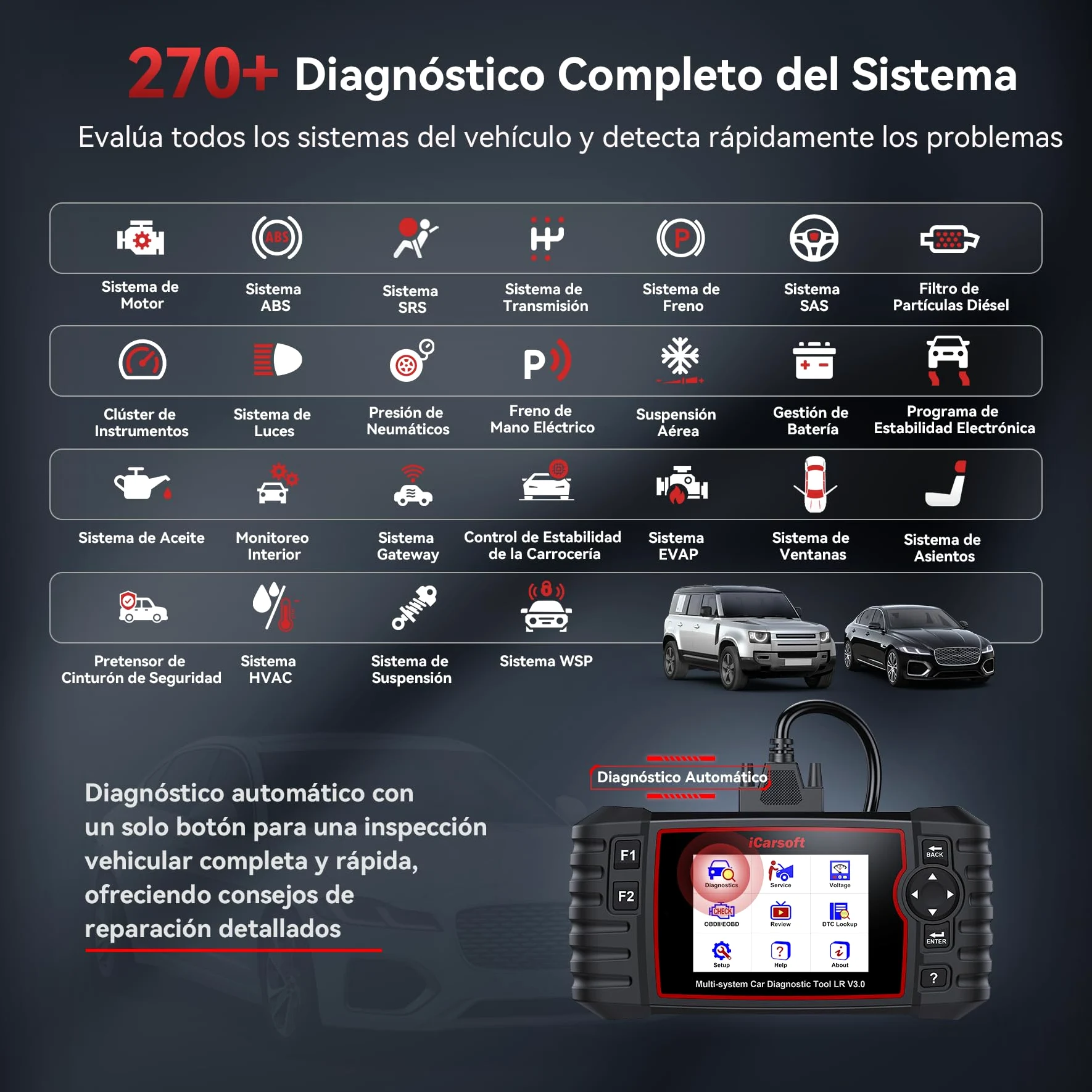 iCarsoft LR V3.0 OBD2 Máquina Diagnosis Coche para Land Rover/Jaguar, Bidireccional Escáner de Todo el Sistema, 37+ Funciones Reinicio, Prueba de Batería, Vin Automático, Actualizaciones de por Vida