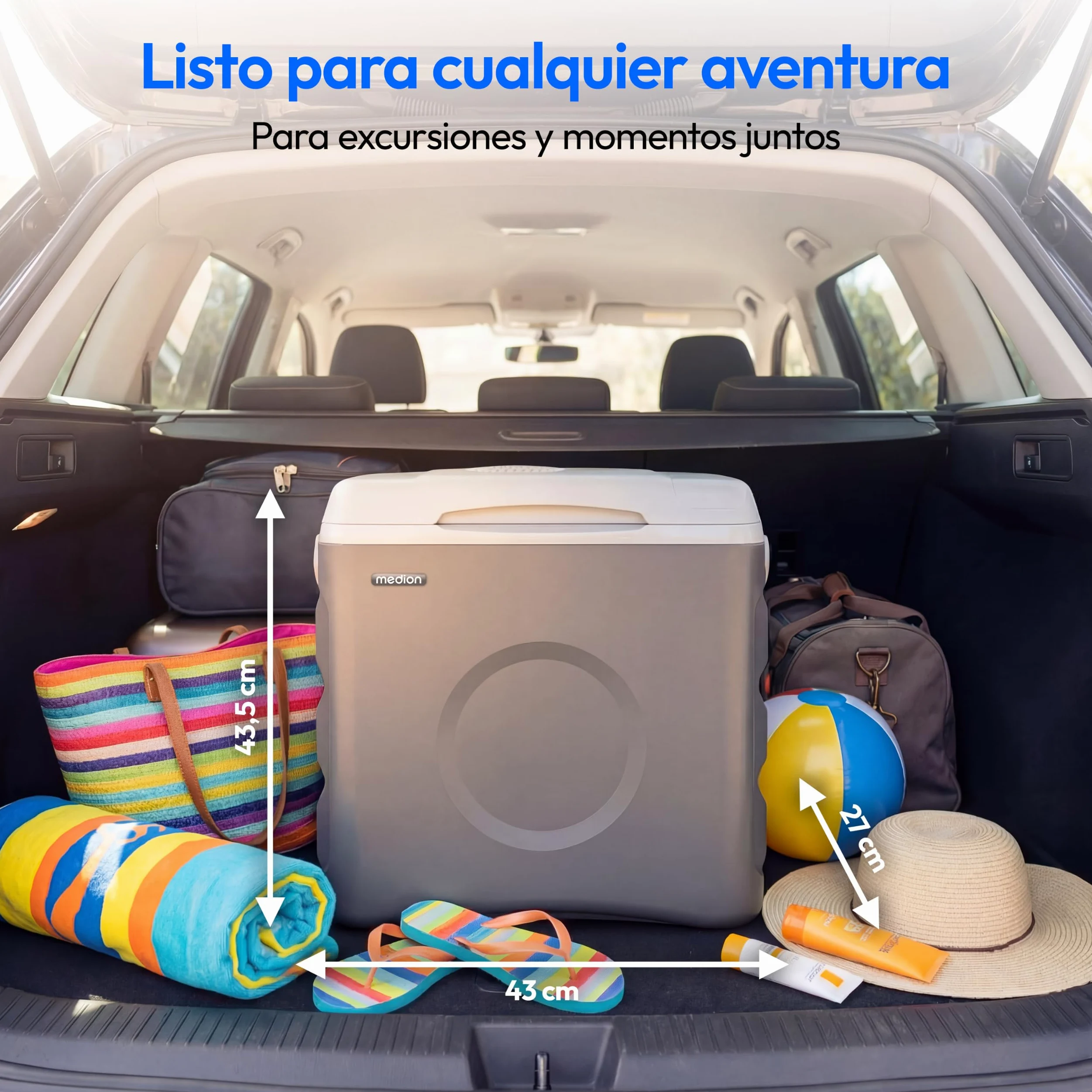 MEDION Nevera Portátil Termoeléctrica 35 L Capacidad Bruta Función Refrigeración y Calentamiento Alimentación 12V Toma de Coche 230V USB 5V para Coche Barco y Camping, MD370030 Gris Clase Energética E