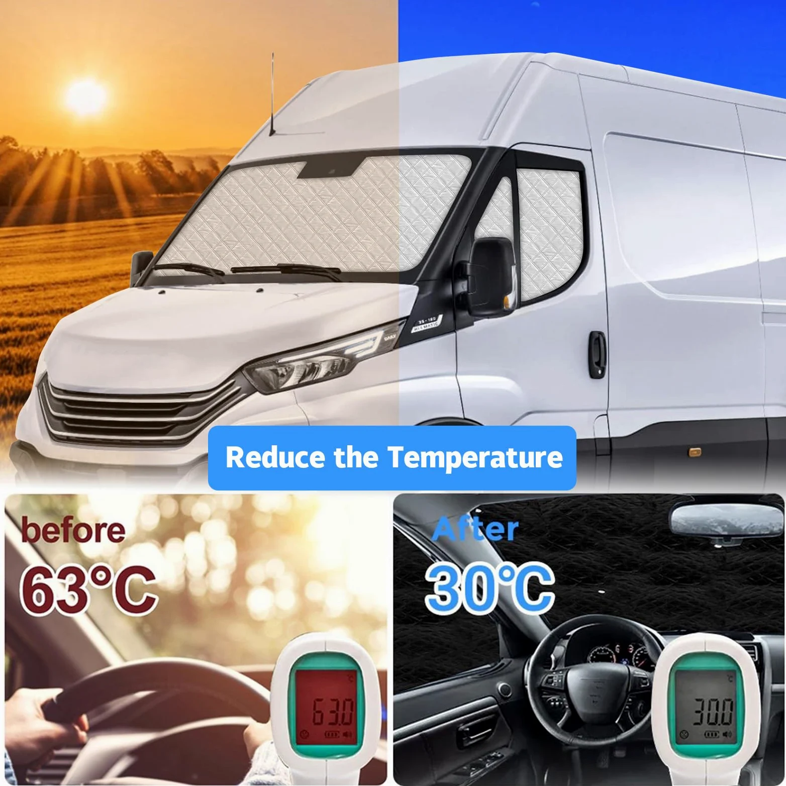 Parasol para Parabrisas Reemplazo para Iveco Daily 2014-2026, 3 Piezas Protector de Parabrisas, Juego de Parasol Térmico Interno con Bolsa de Almacenamiento, 100% Oclusión | Juego de 5 piezas de protección para parabrisas de oscurecimiento, persianas térm