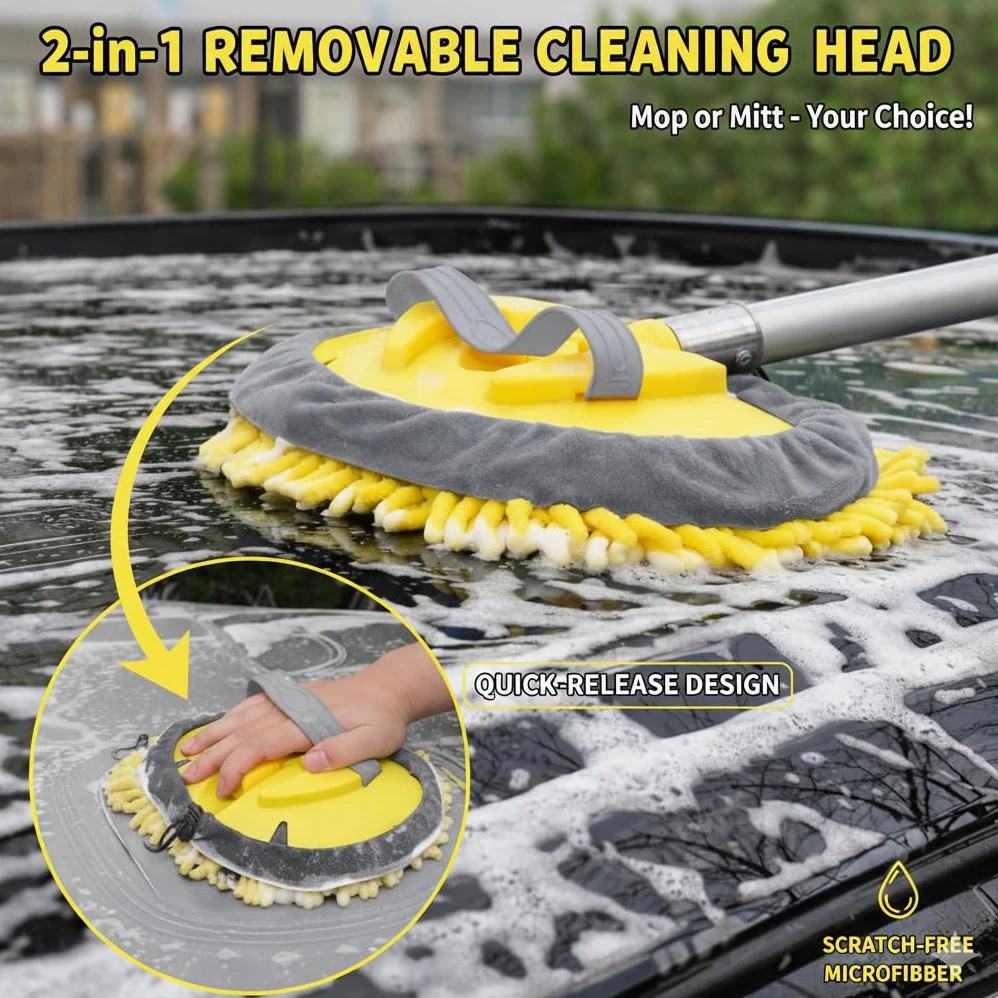 Kit de escobilla de cepillo de lavado de coche de 144 pulgadas con cubo plegable, poste telescópico, contenedor de agua plegable, impermeable, manopla, esponja, toalla súper absorbente, cerdas