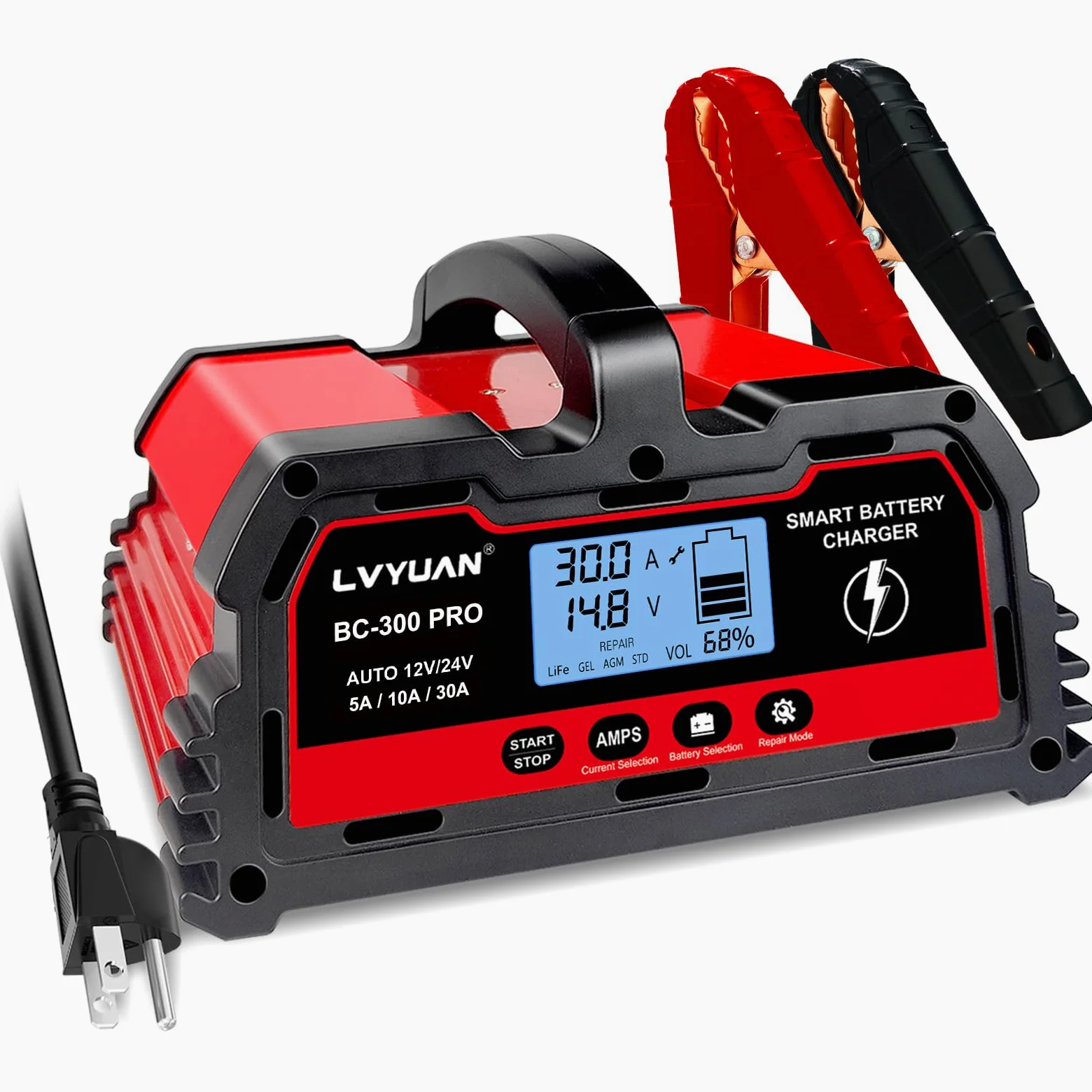 LVYUAN Cargador de batería Inteligente de Coche de 30 amperios, Cargador automotriz de 12 V/24 V, batería de Plomo-ácido, mantenedor de batería LiFePO4 con Pantalla LCD, Cargador de Goteo, para