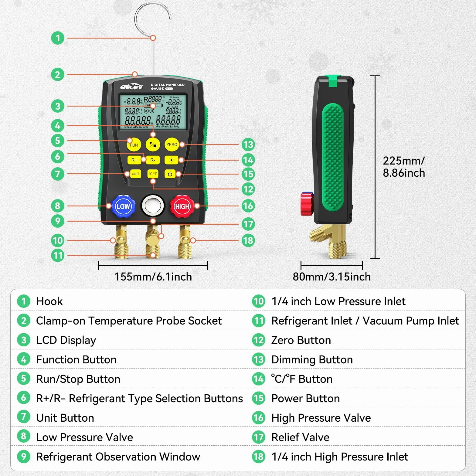 Manómetro Digital para Aire Acondicionado Kit HVAC con Base Datos 93 Refrigerantes, 150cm Mangueras de Refrigerante y Clips de Temperatura para Mantenimiento de Aires Acondicionados y Frigoríficos