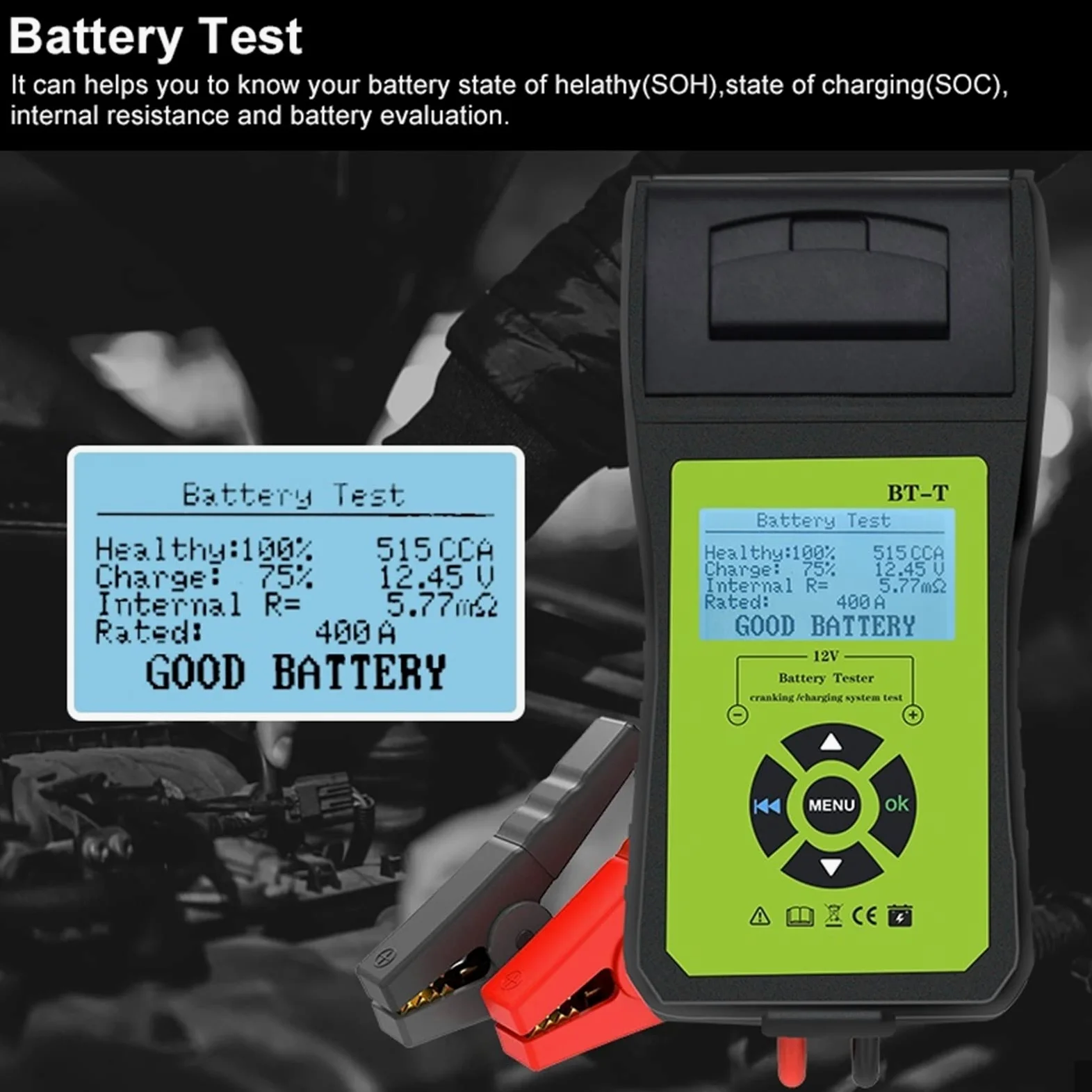 Comprobador de Baterias, Bt-t Analizador del sistema de batería de la batería del automóvil con la impresora Multilenguage Sistema de energía automotriz medidor de diagnóstico