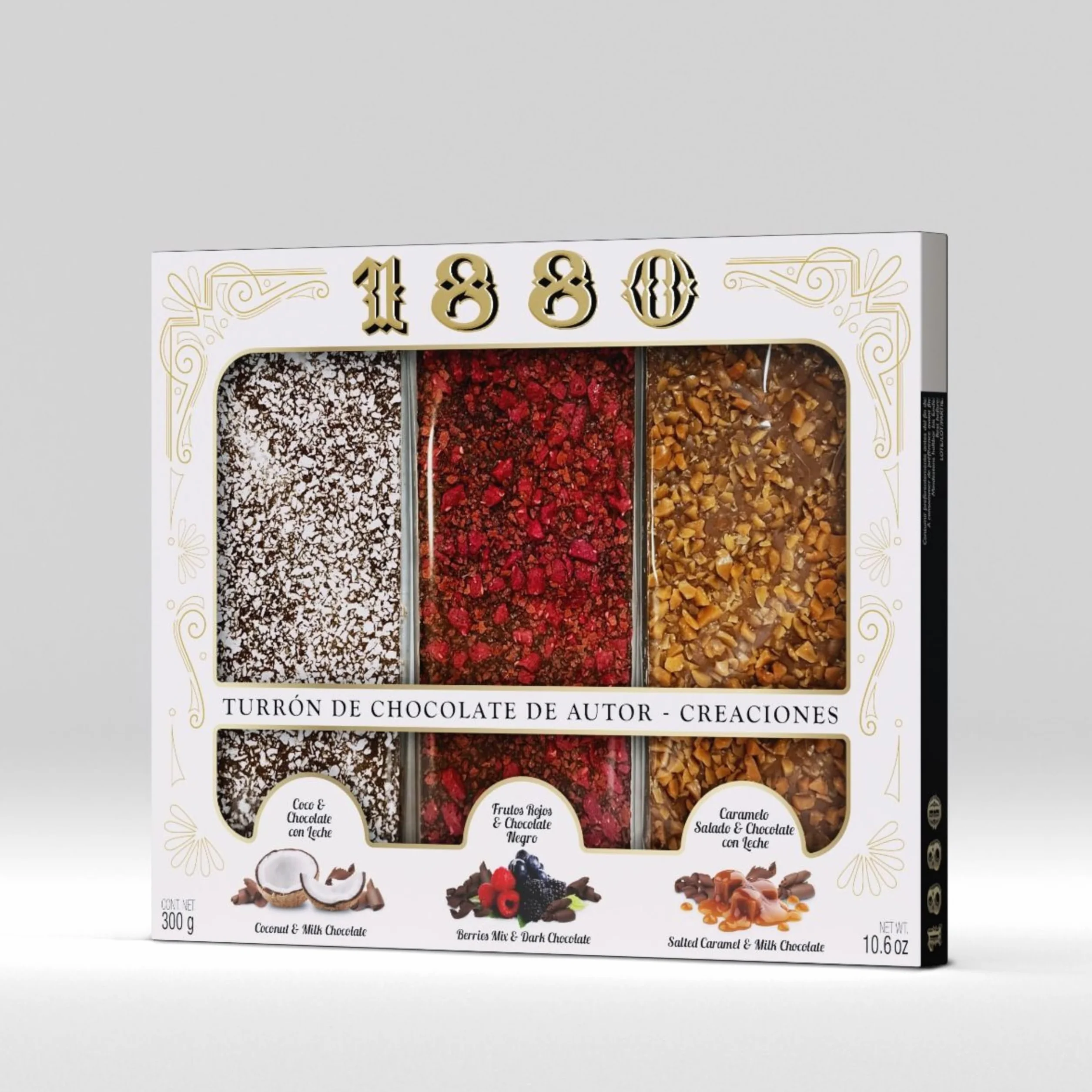 Degustación Turrones Chocolates de Autor 3 gustos Coco & Chocolate con leche Turrón de Frutos Rojos & Chocolate Negro Turrón de Caramelo a la Sal & Chocolate con Leche 3 x 100g Pack 300g