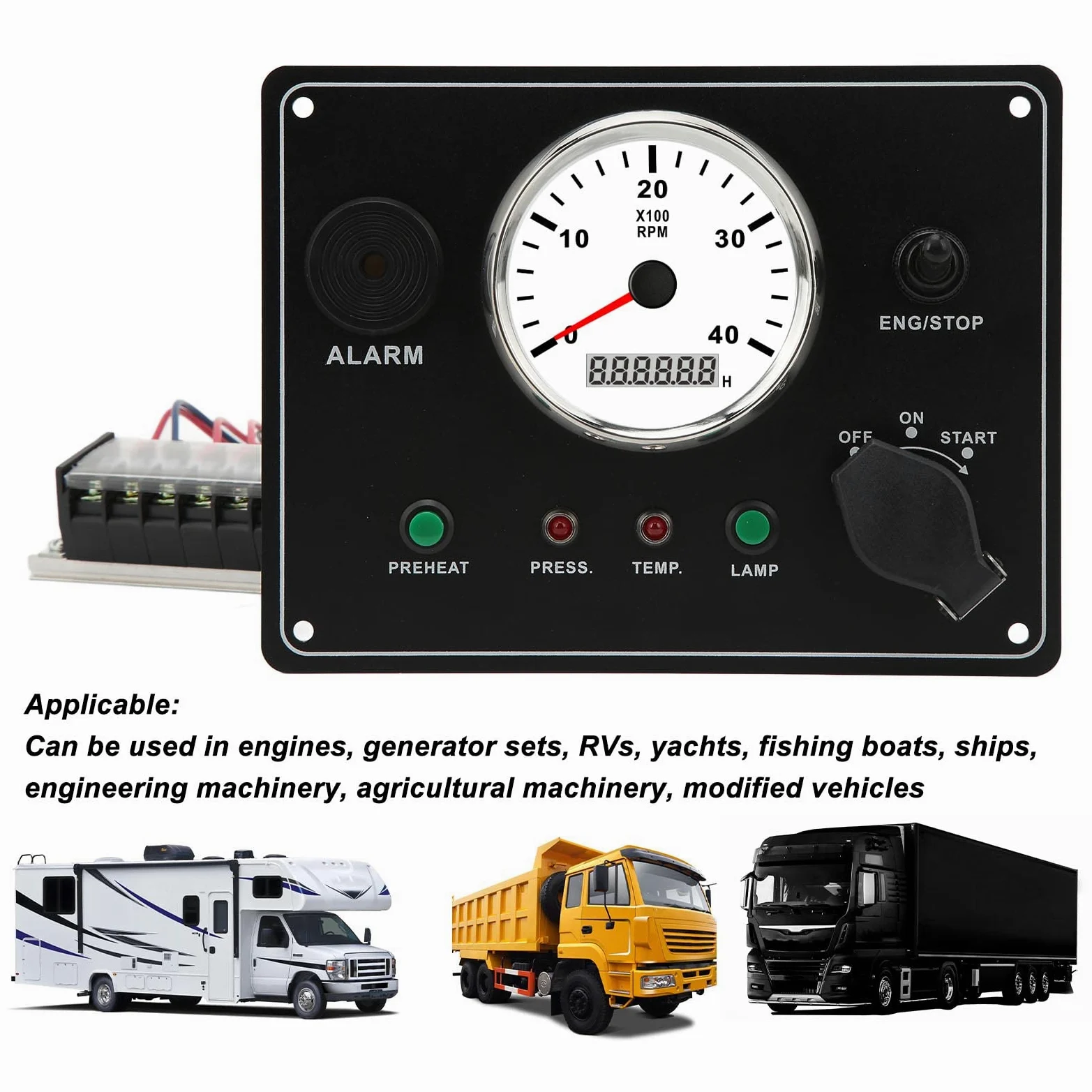 Dilwe Panel de Instrumentos para Barcos, Panel de Tacómetro de Tablero Marino de Acero Inoxidable 316L de 0 a 4000 RPM IP67 a Prueba de Agua con Contador de Horas, Alarma, Parada de Inicio para