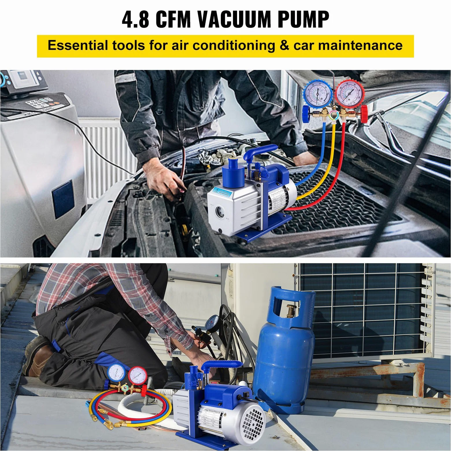 Bomba de Vacío para Climatización, Kit de Bomba de Vacío para R12, R22, R502, R410A, R134A, Bomba de Vacío Ideal para HVAC, Climatización Auto, Desgasificación (4,8 m³/h - 1/3 CV)