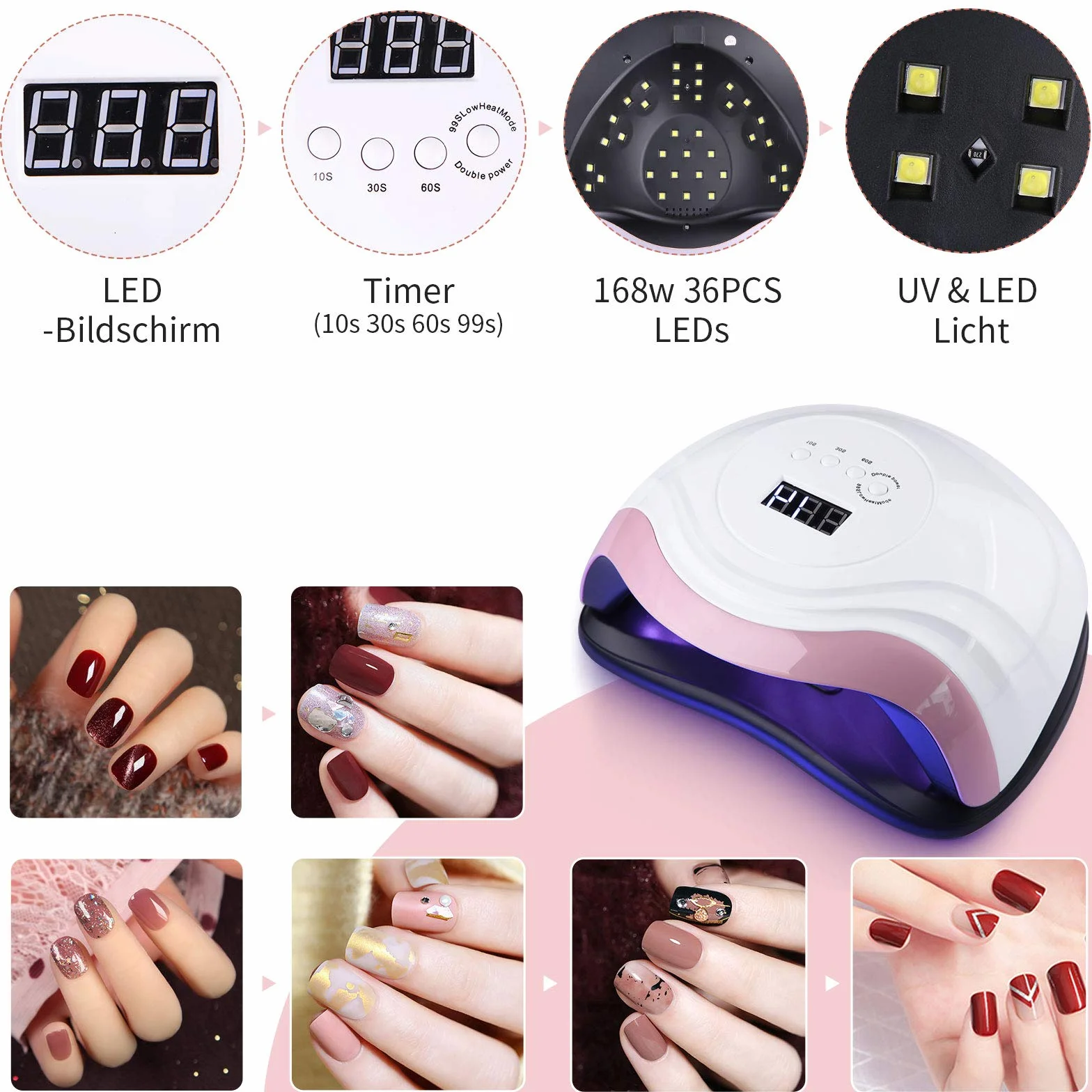 Lámpara Secadora UV Uñas 168W 36LED con Pantalla LED 4 Temporizador 10s-99s Manicura Pedicura Nail Art