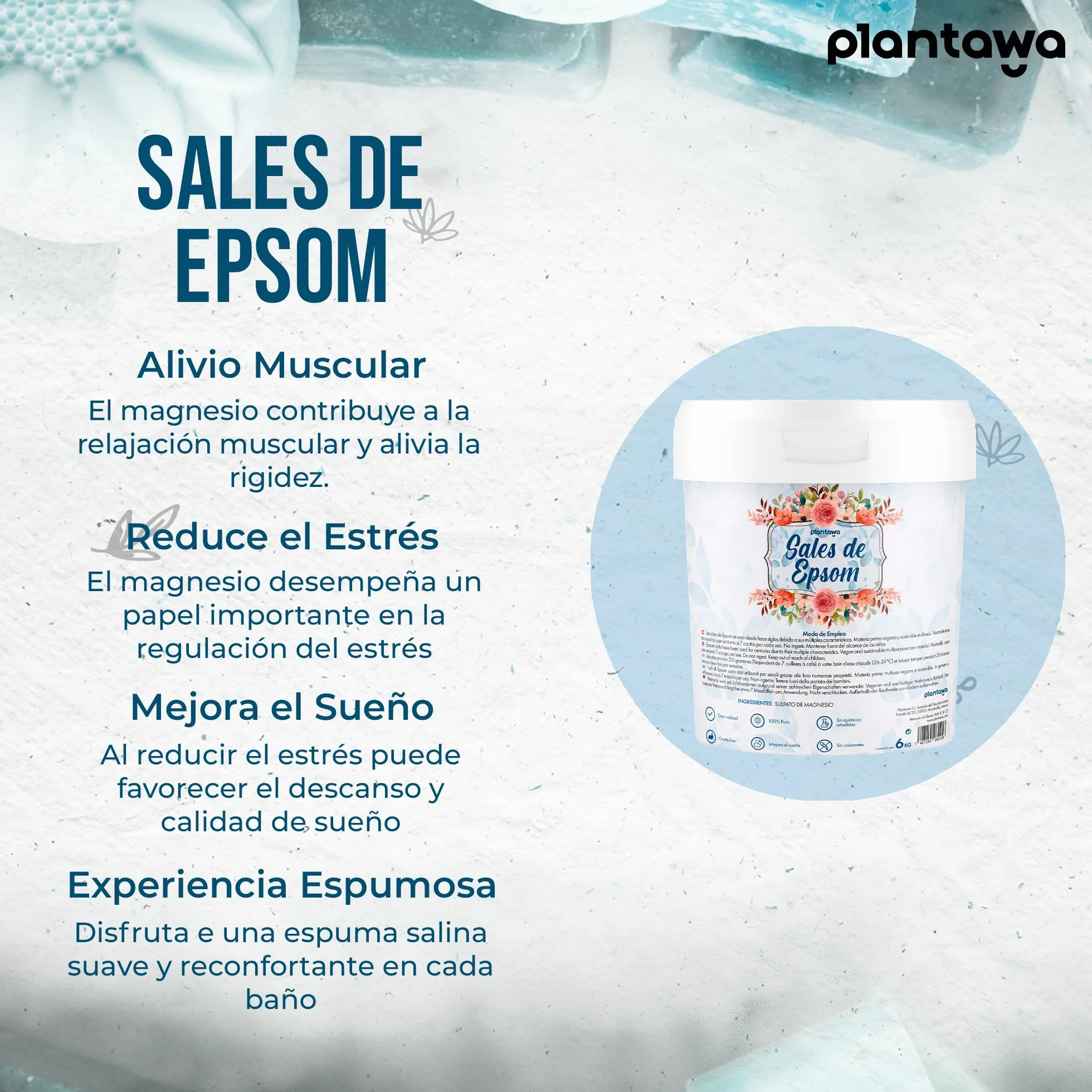 Plantawa Sales de Epsom 6KG Sal de Baño Concentrado de Magnesio Puro Sin Toxinas 100% Natural Cuidado Personal