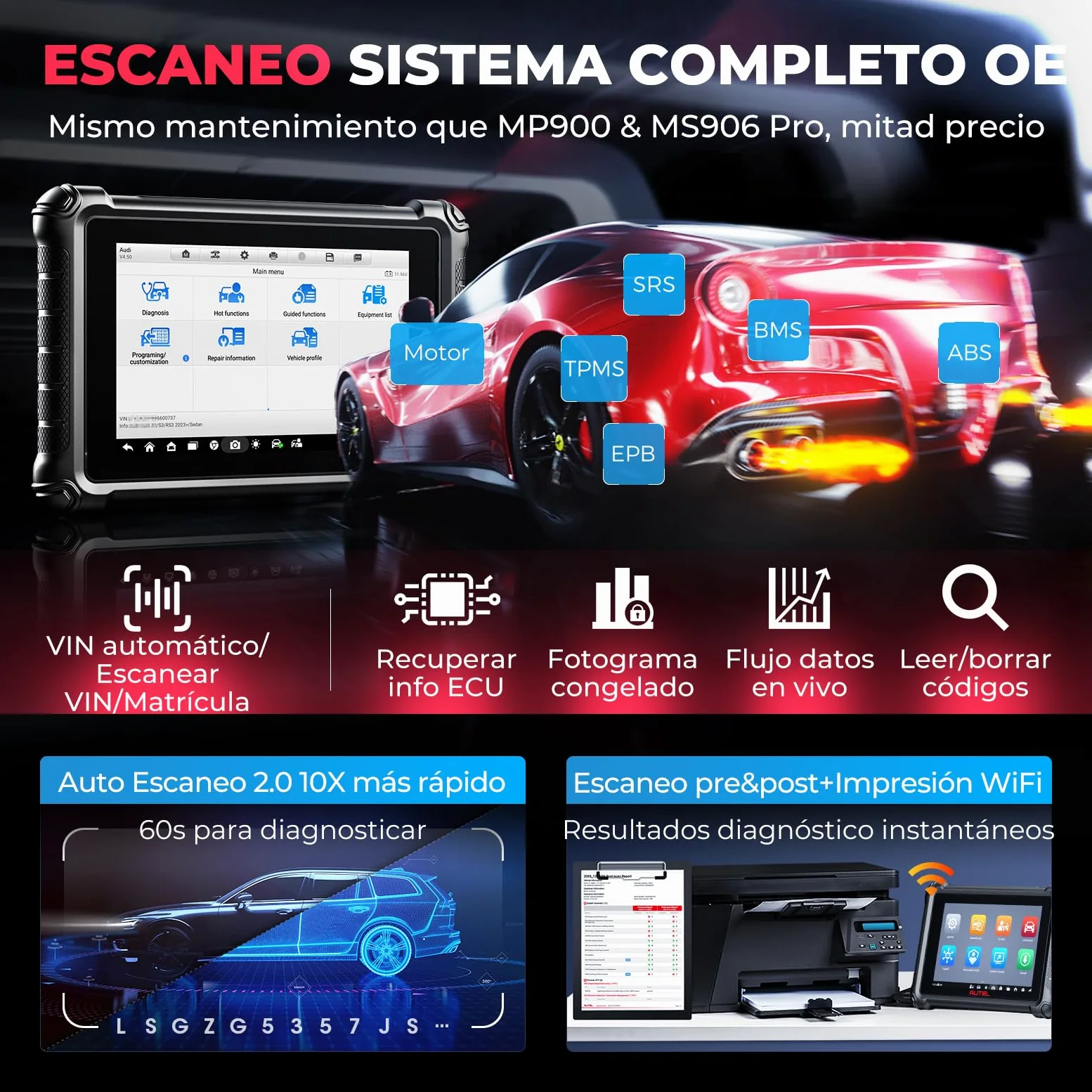 Autel MaxiCheck MX900 Maquina Diagnóstico, Como MaxiCOM MK900-BT Herramienta Escáner OBD2, Avanzado MK808BT MK808S MX808S Diagnosis Coche Multimarca, 3K+ Pruebas Activas, DoIP&CANFD, 40+ Servicio,OS11