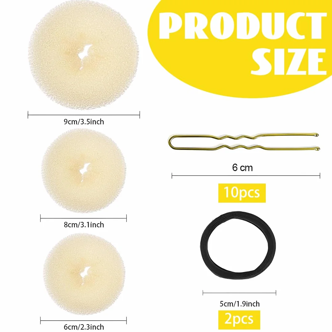 Donut Moño Kit 3 Piezas Beige, 10 Horquillas Doradas, Accesorios de Peinado para Bailarinas