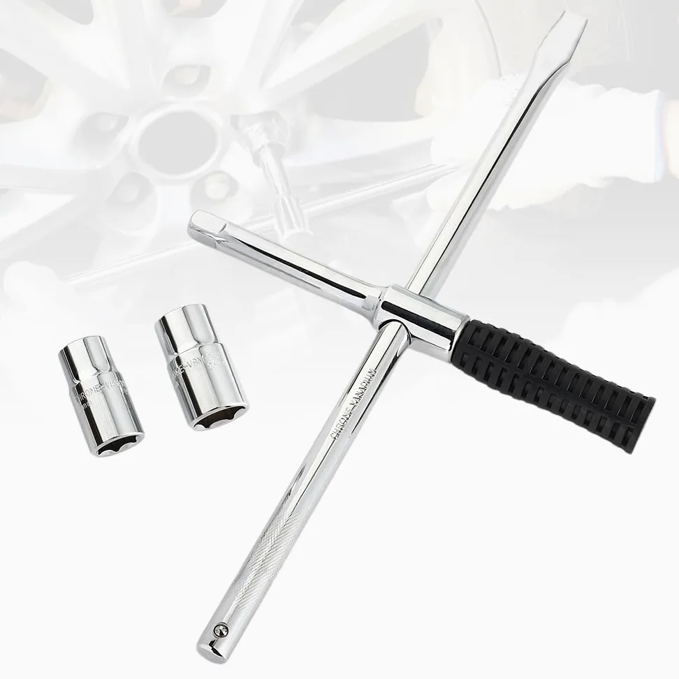 Hoteche Llave combinada para tuercas de rueda, llave cruzada – Varilla CRV, acero al cromo vanadio, 17 x 19 y 21 x 23 tuercas, incluye bolsa de tela Oxford 600D, herramienta profesional de cruz para