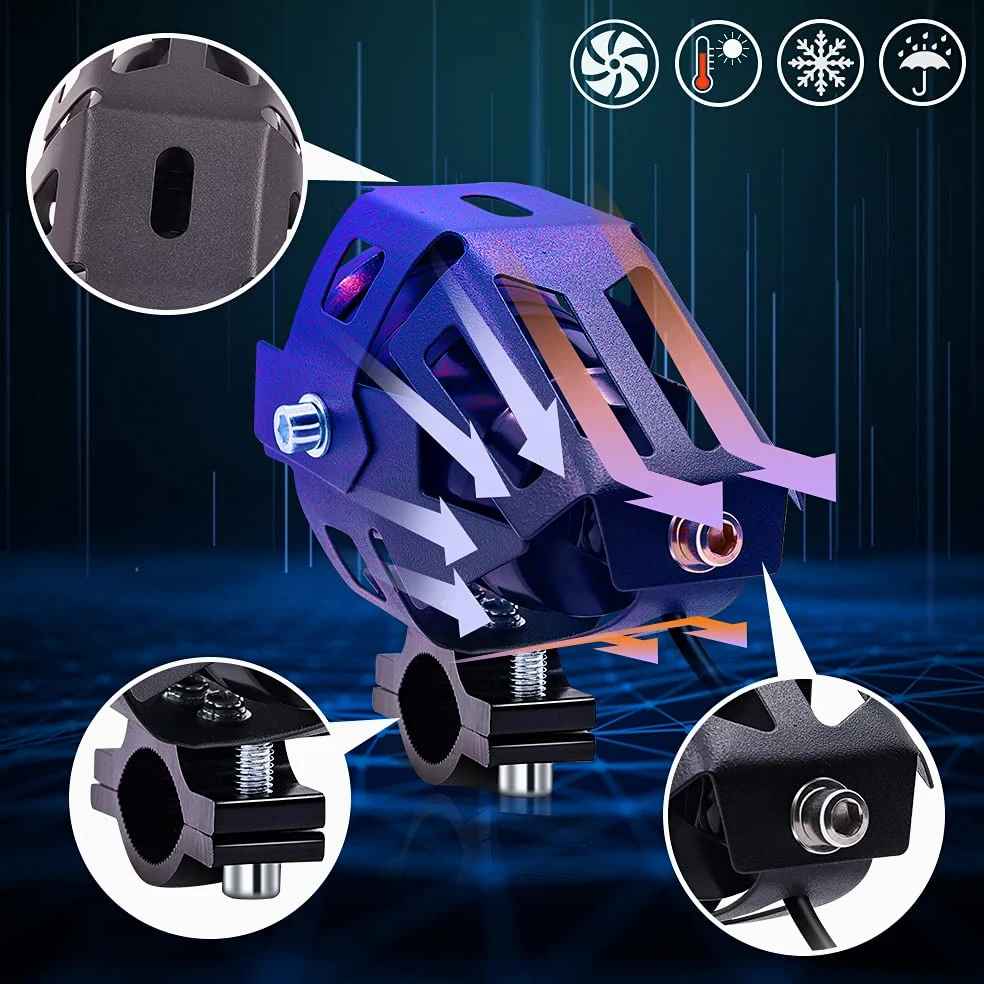 2 piezas U7 luz antiniebla de conducción de motocicleta con halo ámbar, impermeable para motocicleta auxiliar DRL faros delanteros LED con interruptor de 3 cables 12V 24V para moto quad scooter