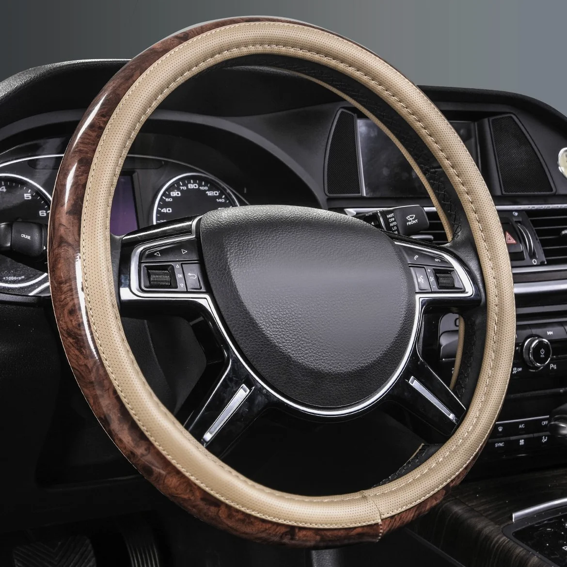 CAR PASS Fundas de Volante de Cuero de Grano de Madera de Ajuste Universal para SUV, Camiones, sedanes, diseño Antideslizante (Beige)