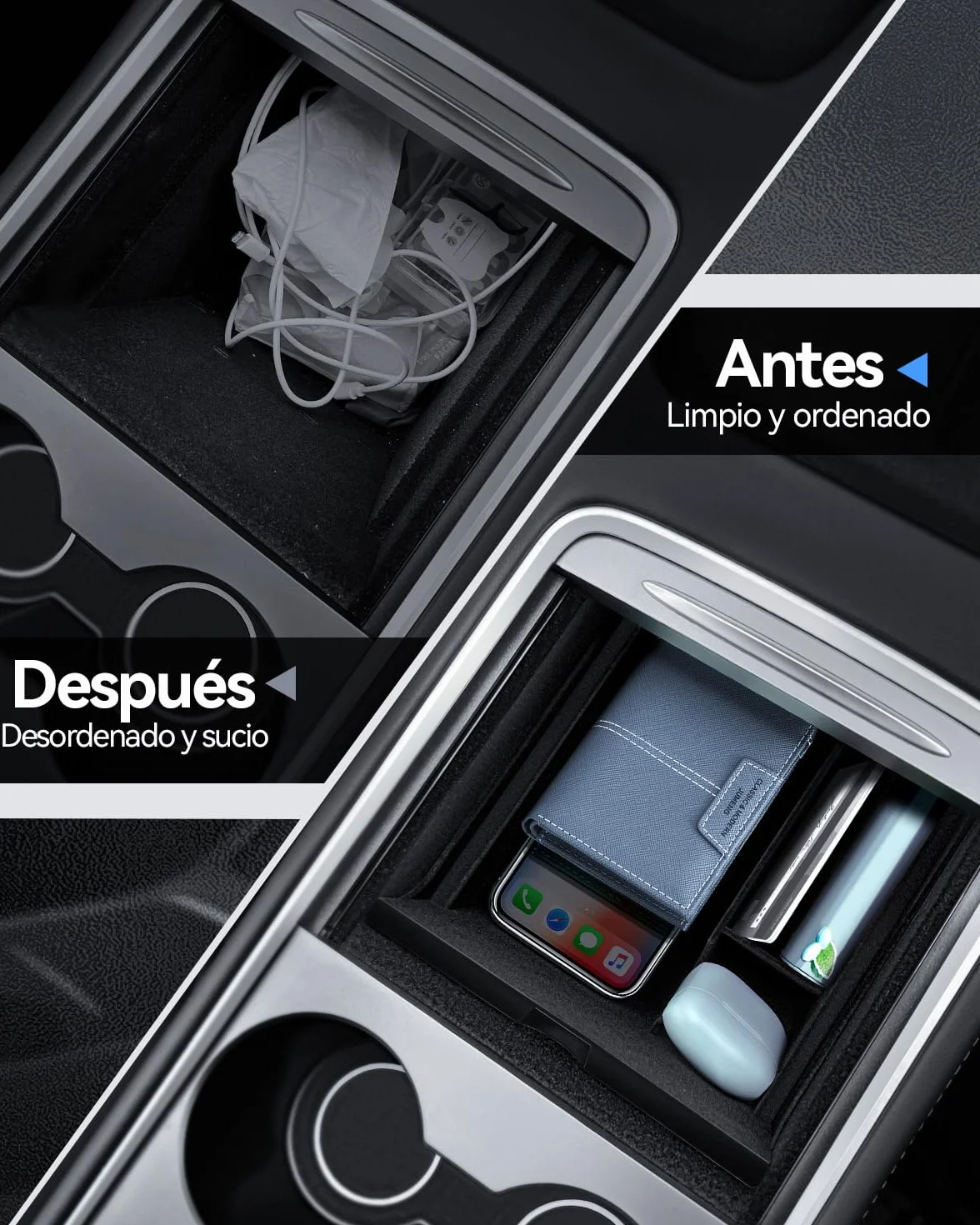 Organizer para Tesla Model Y 2021-2024 y Model 3 2021-2023 Bandeja Organizadora de Consola Central, Caja de Almacenamiento Cajón Oculta Accesorios para Tesla Model Y Model 3