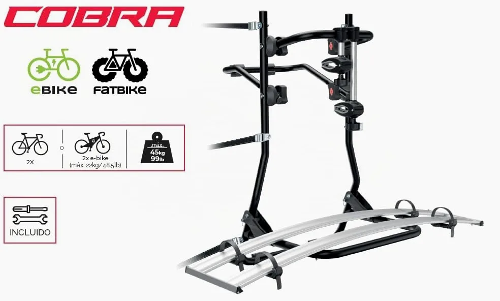 MENABO Cobra 000134300000 Portabicicletas Trasero de portón Compatible para 2 Bicicletas de Gran tamaño, como E-Bike, Fat Bike 45 kg