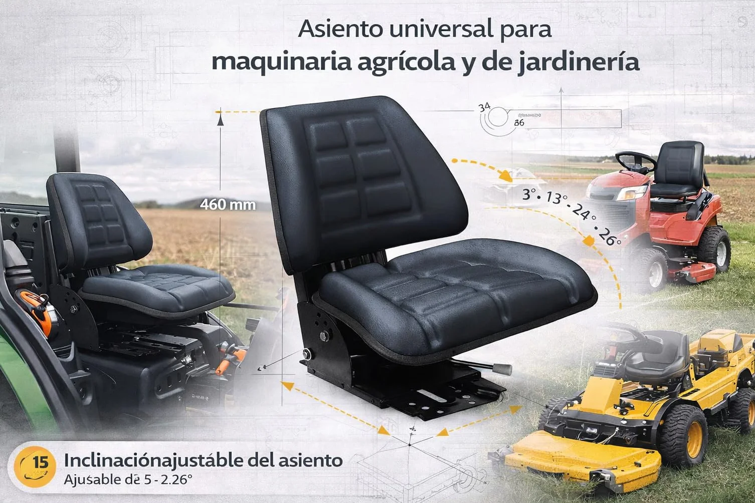 ASIENTO UNIVERSAL TRACTOR PVC NEGRO RM30 | Para Maquinaría Agrícola, Excavadoras, Maquinas Industriales, Maquina Ganadera, Motos Agrícolas, Asiento Segadora, Montacargas, Carretillas Elevadoras