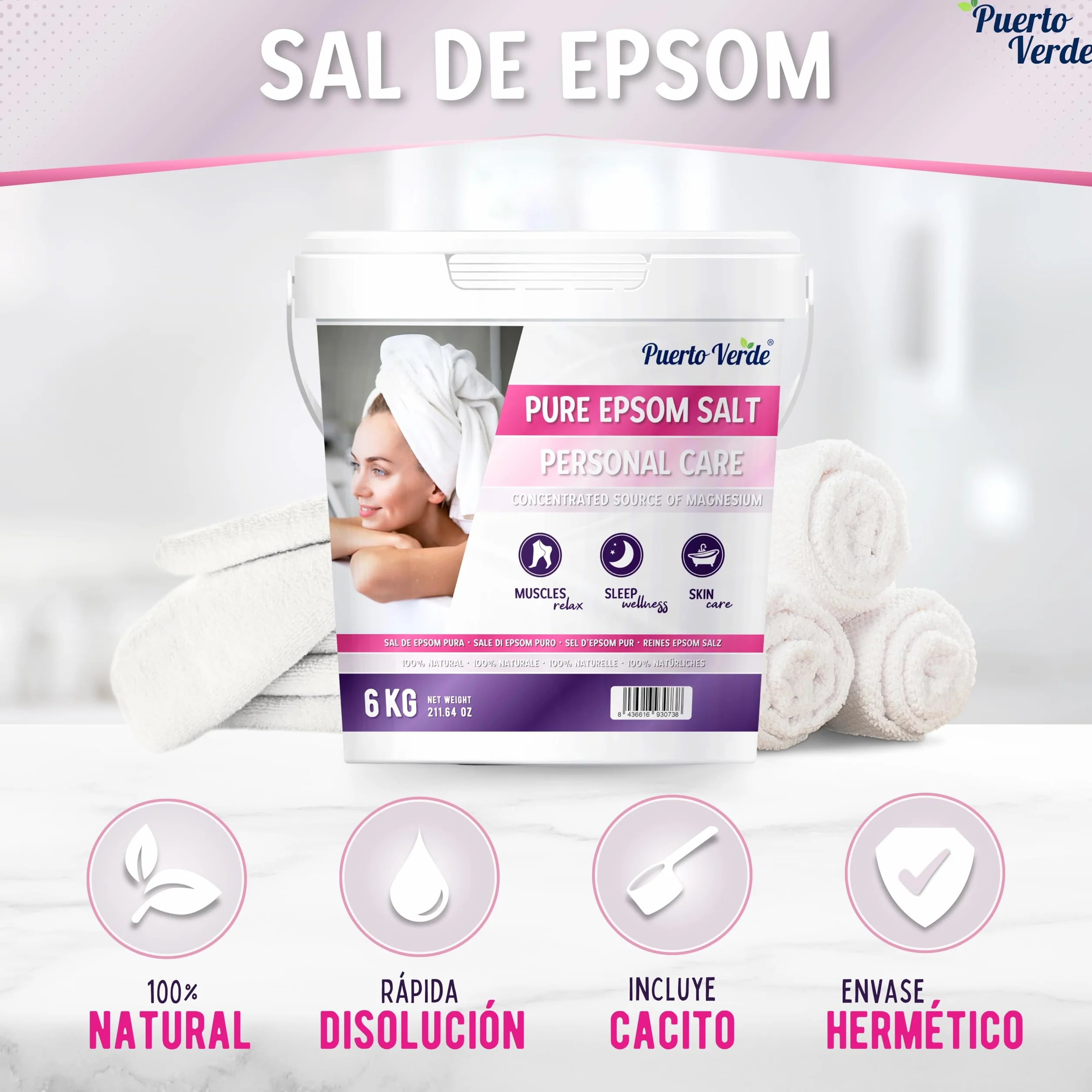 Sal de Epsom Pura 6 Kg Fuente Concentrada de Magnesio Sales de Baño Rápida Disolución Relajación Muscular Sueño Producción Española