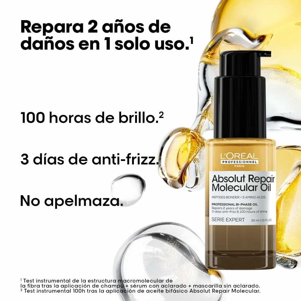 L'Oréal Professionnel Absolut Repair Molecular Aceite Bifásico Reparador 100 Horas de Brillo Antifrizz Protector Térmico Sin Aclarado
