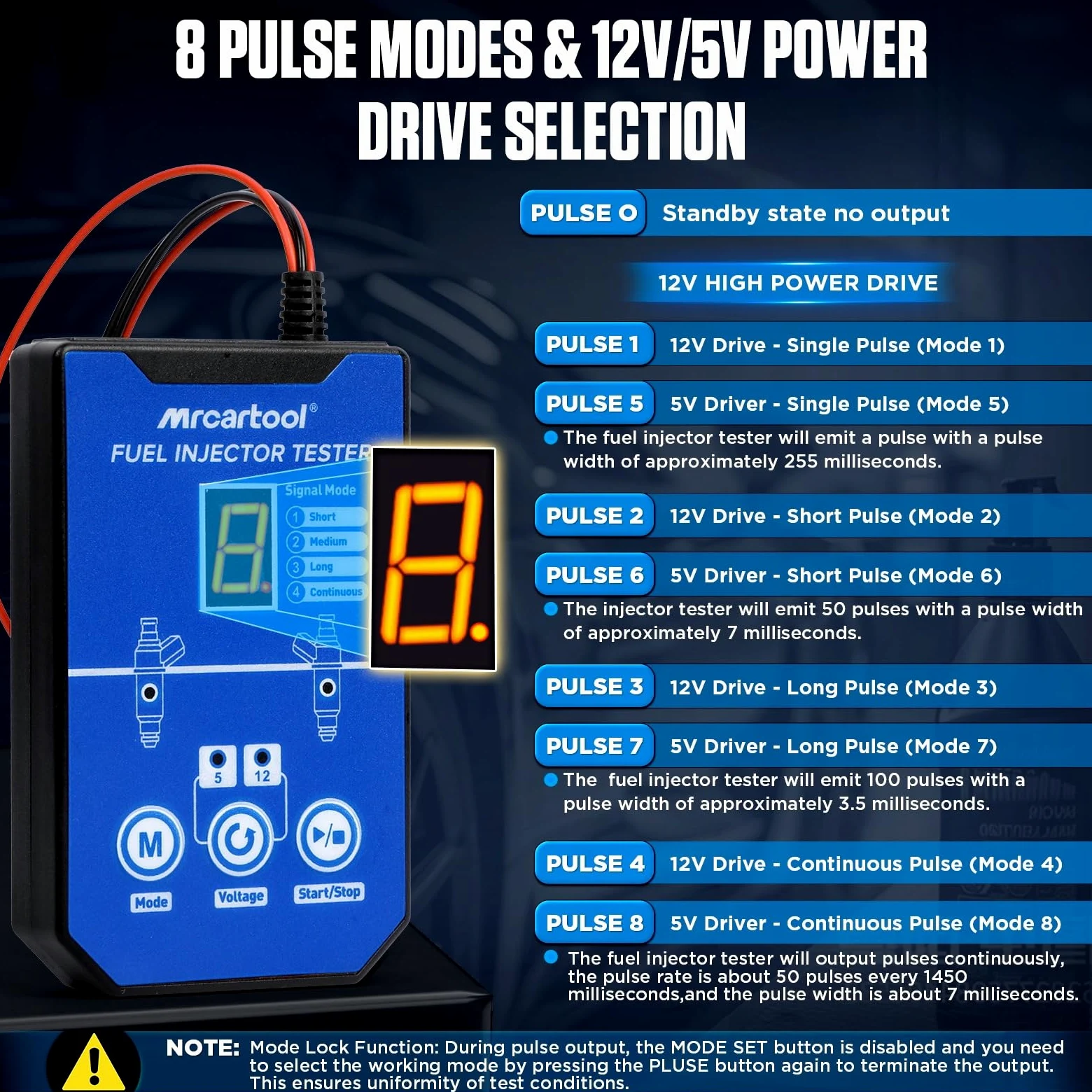 MRCARTOOL - Comprobador de inyectores de combustible para coche, 12 V, con 6 boquillas para inyectores EFI GDI de 5 V, 12 V, 8 modos de impulso, kit de limpieza, doble potencia, cable de 1 m