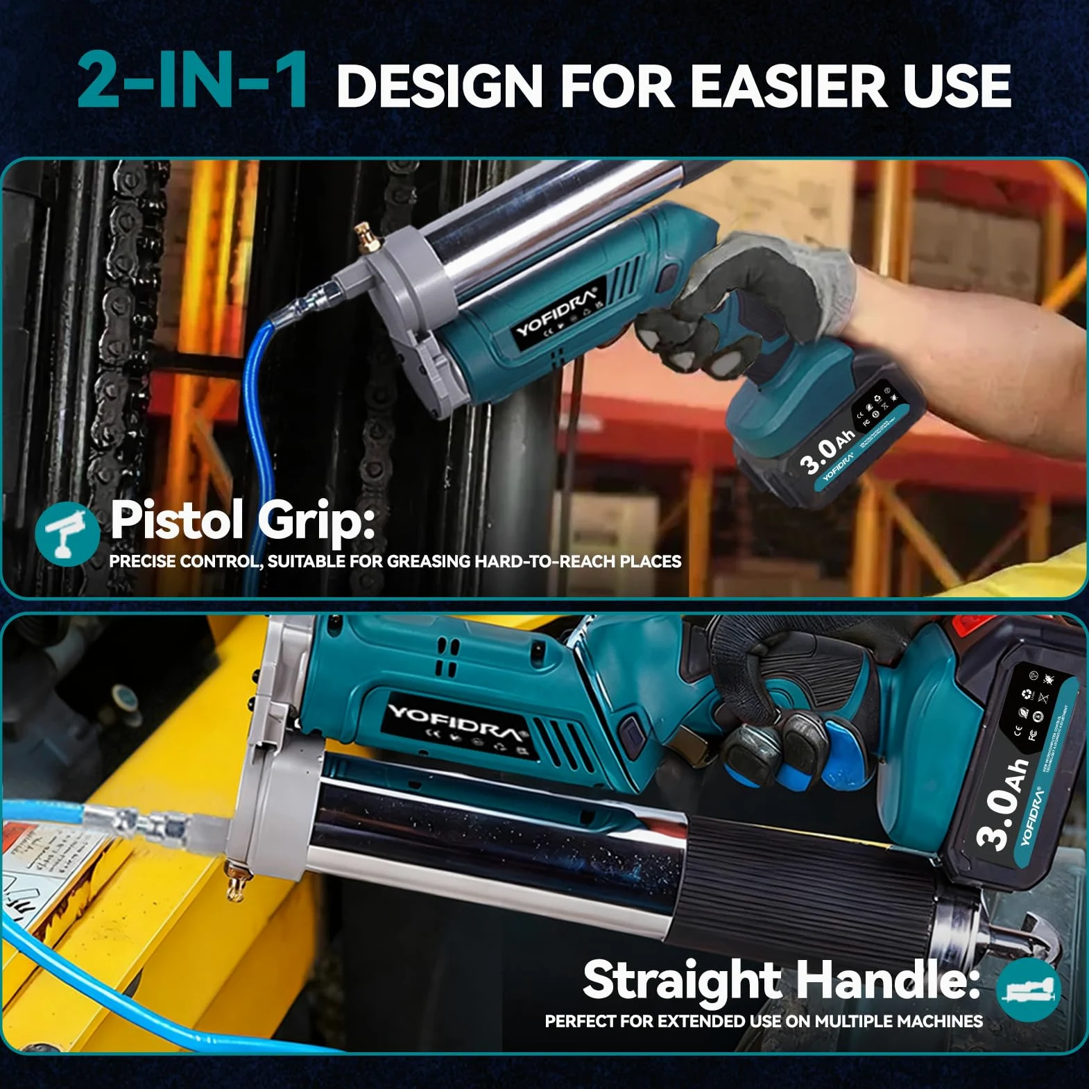 Yofidra 2 en 1 Pistola de engrase inalámbrica - Kit de Pistola de engrase de 150 g/min y 12 000 PSI con 2 baterías de 3,0 Ah, fácil de Usar para Agricultores, operadores de maquinaria y propietarios.