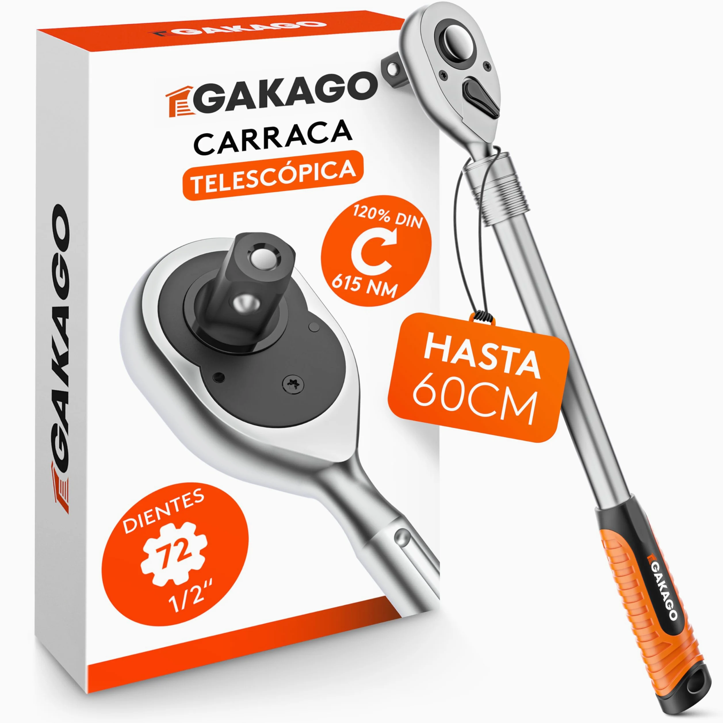 Carraca telescópica 1/2" pulgada 60 cm reversible 615 Nm 72 dientes finos
