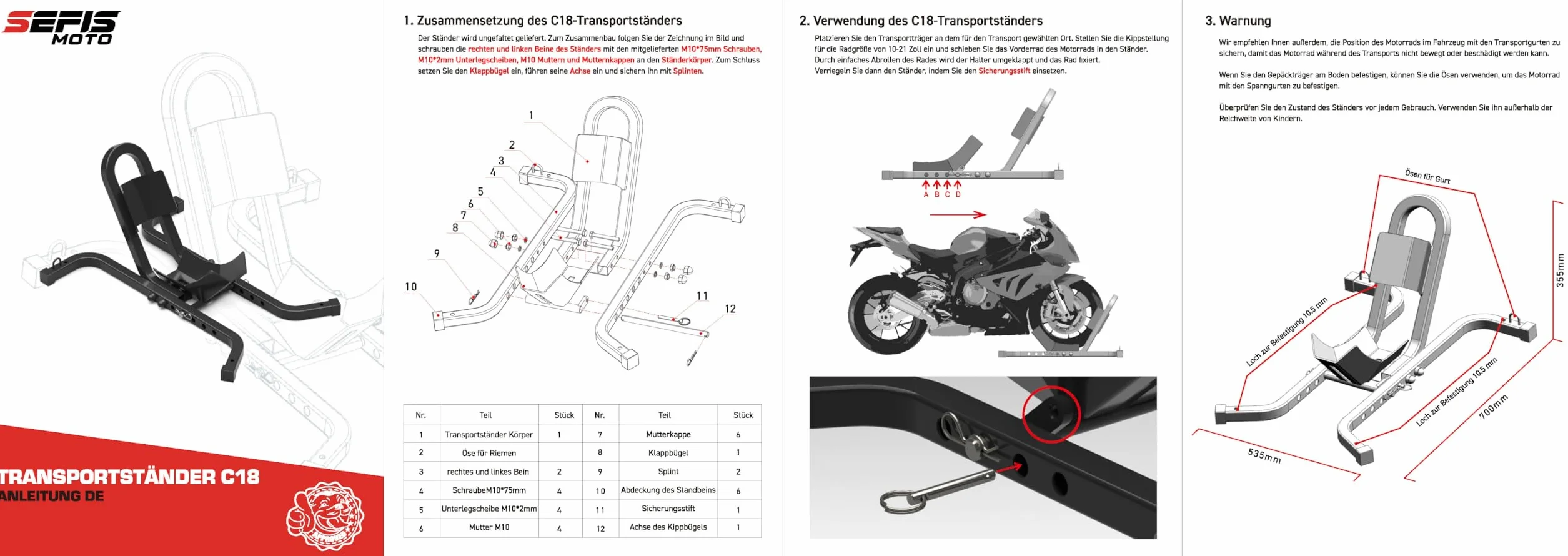 SEFIS C18 Soporte de transporte para motocicleta delantera de motocicleta, balancín de motocicleta, soporte de transporte, para neumáticos delanteros de 12 – 21 pulgadas, soporte de motocicleta