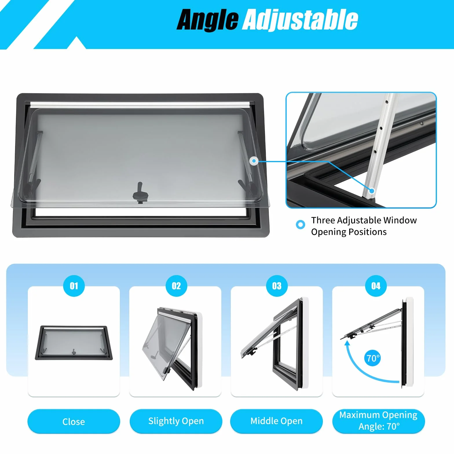 Ventana para autocaravana ACROSSPART con certificación ECE 43R, ventana abatible para camper con persiana integrada y mosquitera, ventana abatible de 70° para autocaravanas, caravanas, furgonetas (90