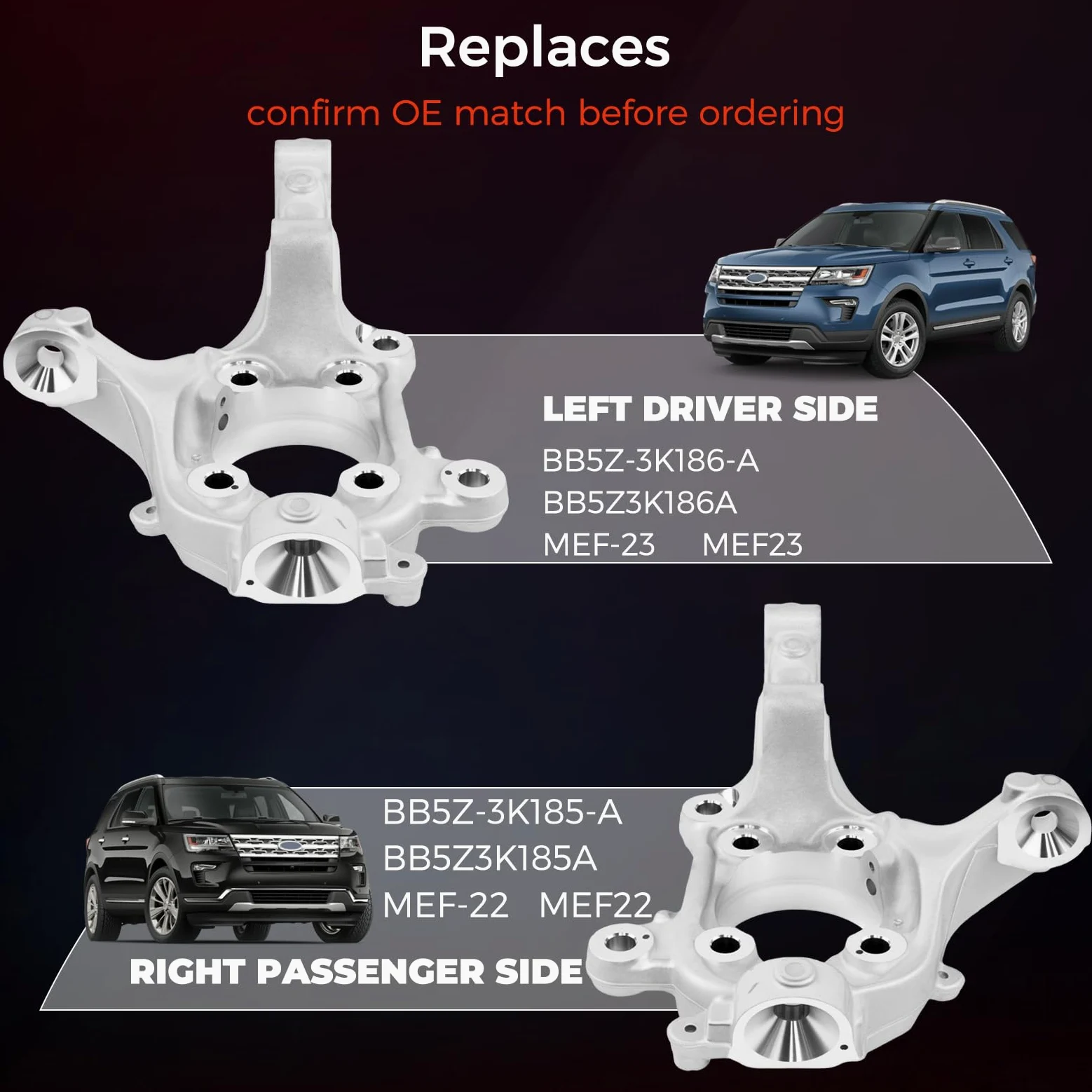 Nudillo de dirección lateral izquierdo para Ford Explorer 2011-2019 y Police Interceptor Utility 2013-2019 - Portador de eje delantero izquierdo, reemplaza MEF-23 BB5Z-3K186-A / BB5Z3K186A